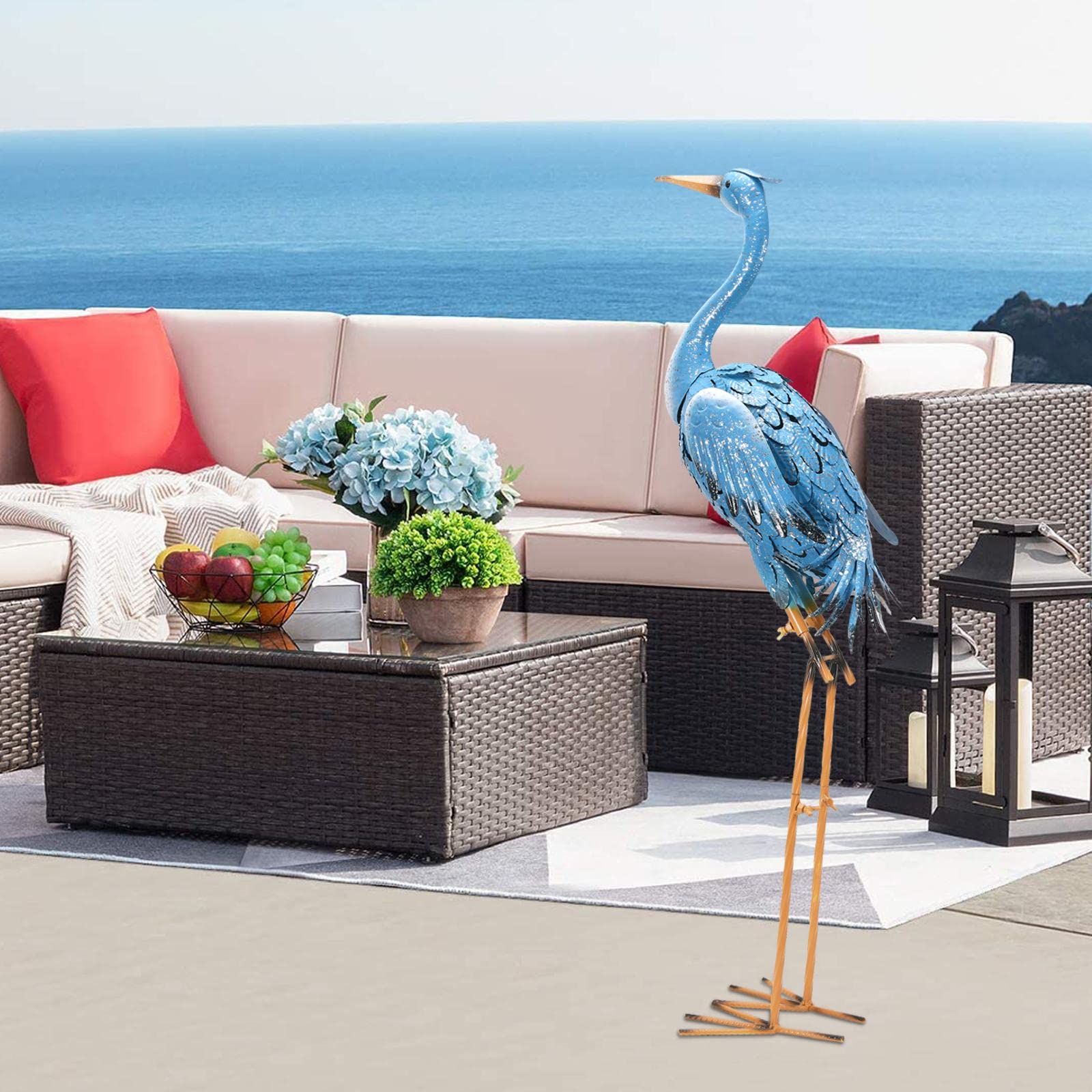 Yeomoo 96cm Héron Oiseaux Métal Bleu Décoration Jardin Extérieur | Grande statue de héron en métal résistant aux intempéries, Décoration pour jardin patio porche, Cadeau pour femme homme