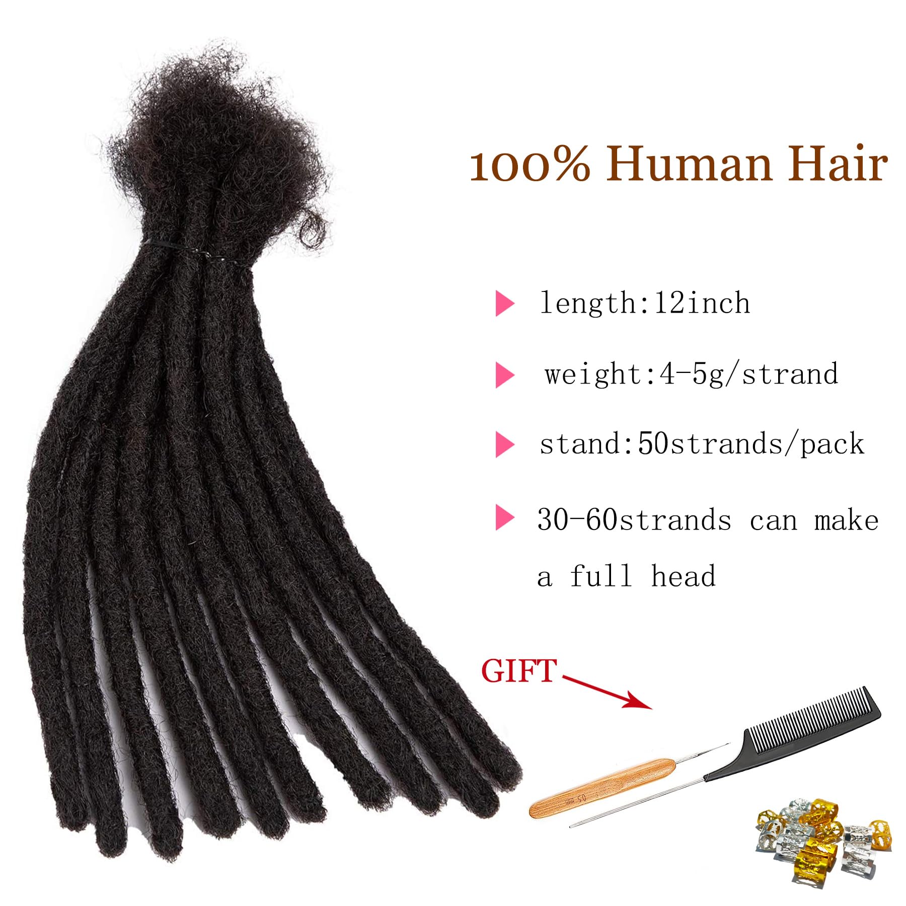 TAOYEMY Dreadlock Extensions 12 Inch 50 Strands/Pack, 100% Real Human Hair, Afro Kinky Style for Women & Men (1B - Image 2
