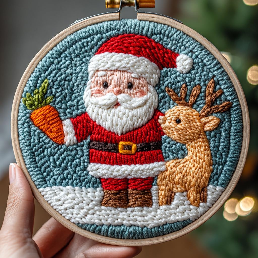 Punch Needle kit for Beginners Embroidery kit – Reindeer Eating Carrot from Santa, Punch Stitching kit for Adults, Needle Punch Kits for Adults