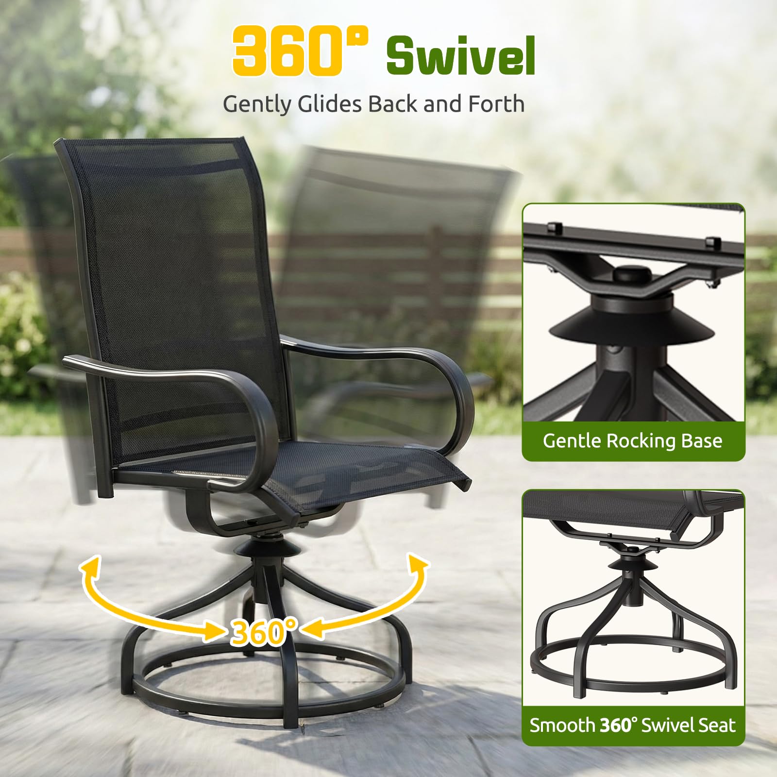 LIFERUN Gartenstühle 360° drehbar, 2er Set Drehstühle, Terrassenstühle Metall, Wetterfeste Rostbeständig, Balkonstühle mit Hochlehner, bis 150 kg belastbar, Für Terrasse Balkon Bistrot, Schwarz, 2 PCS