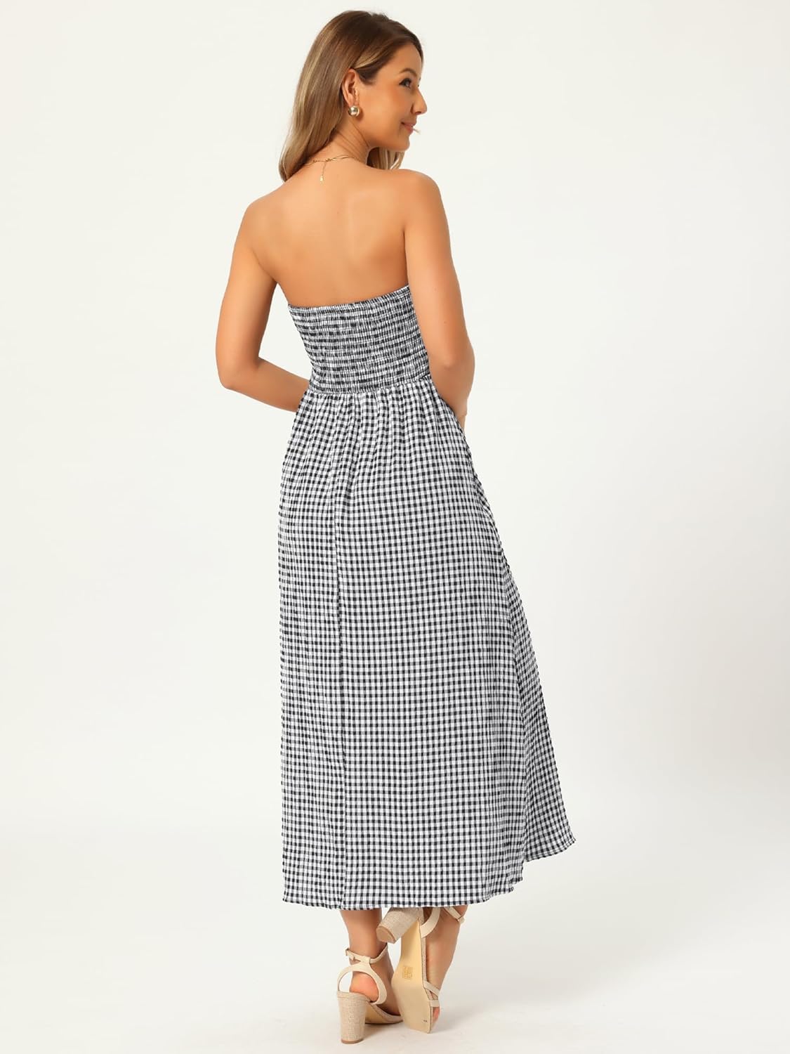 Seta T Women's Gingham Strapless Maxi Dress Summer Vacation Beach Casual Flowy Sundress with Pockets - Image 6