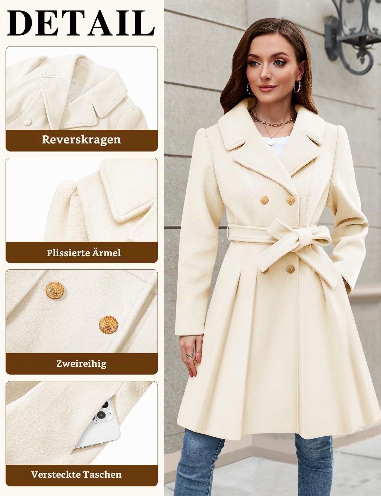 Wollmantel Damen Winter Mantel Revers Zweireihiger Wintercoat A-linie Winterjacke Knielang Trenchcoat Elegant Wintermantel Lang Jacke Outwear