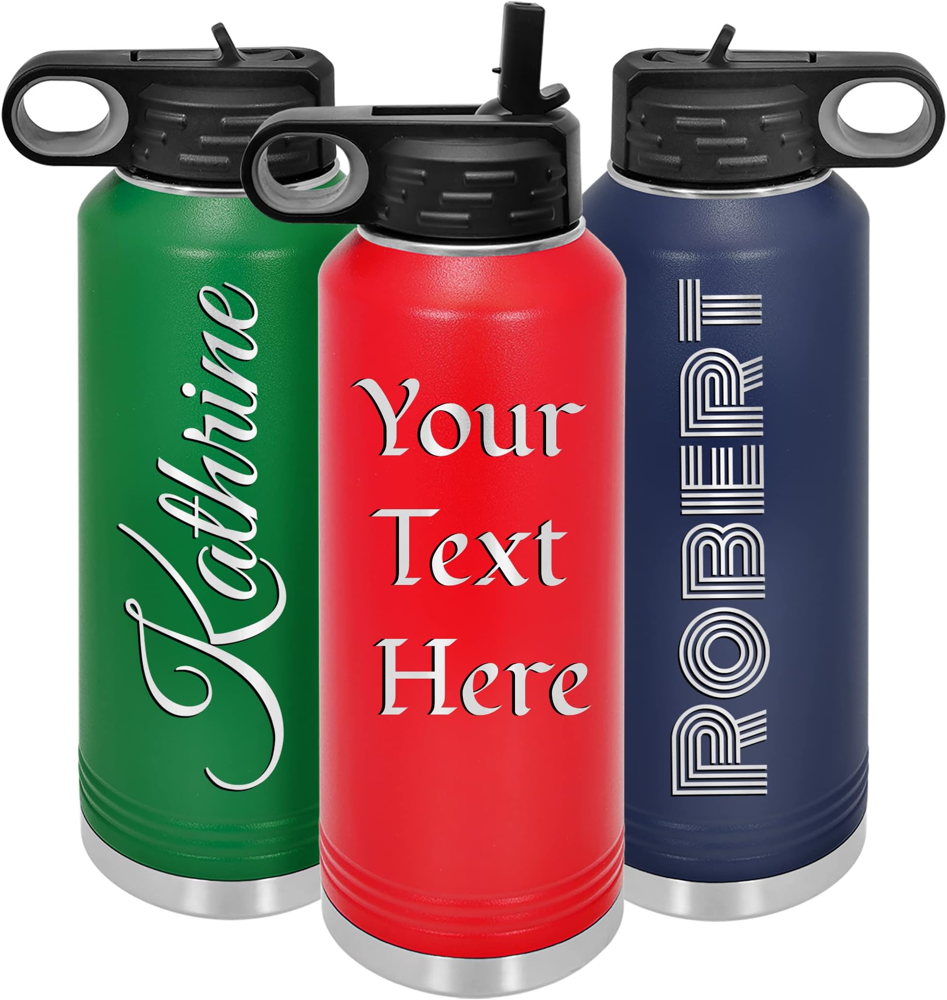 Personalized Water Bottle with Straw & Flip-Top Lid – Custom Engraved Stainless Steel, Vacuum Insulated Double Wall 32oz Sports Bottle with Name or Text (Red)