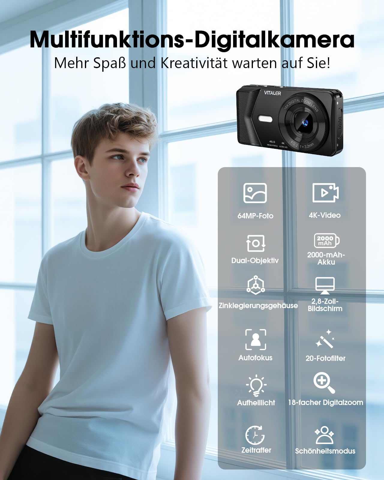 Digitalkamera 64MP 4K Doppelobjektiv Zinklegierung 2000mAh Akku 2,8" LCD 18X Digitalzoom Autofokus Kompaktkamera Schwarz
