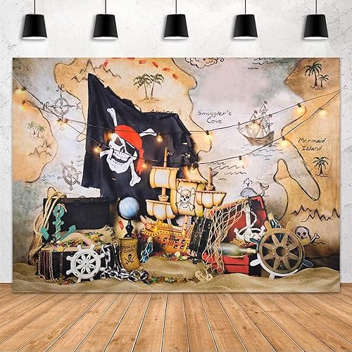 MEHOFOND Fondo de fotos de mapa del tesoro pirata de 7 x 5 pies para niños, isla de cumpleaños, mapa del tesoro, decoración de fiesta de cumpleaños,