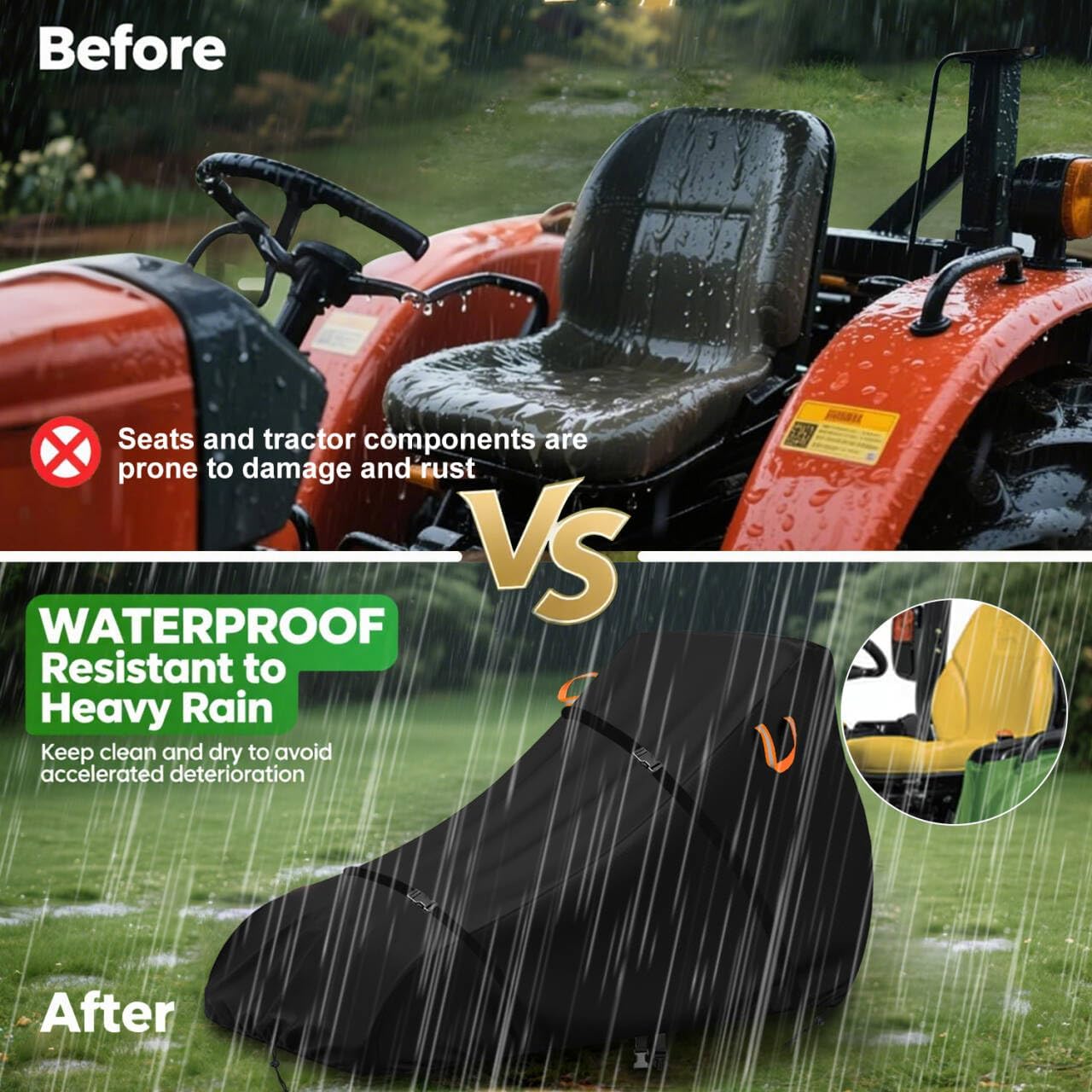 Compact Tractor Cover,Farm Riding Utility Tractor Full Covers Waterproof Heavy Duty,Durable Anti-UV 600D Polyester,Fits for John Deere, Kubota, Yanmar,Kioti,Bobcat,189" Lx75 Wx85 H-Aibiley