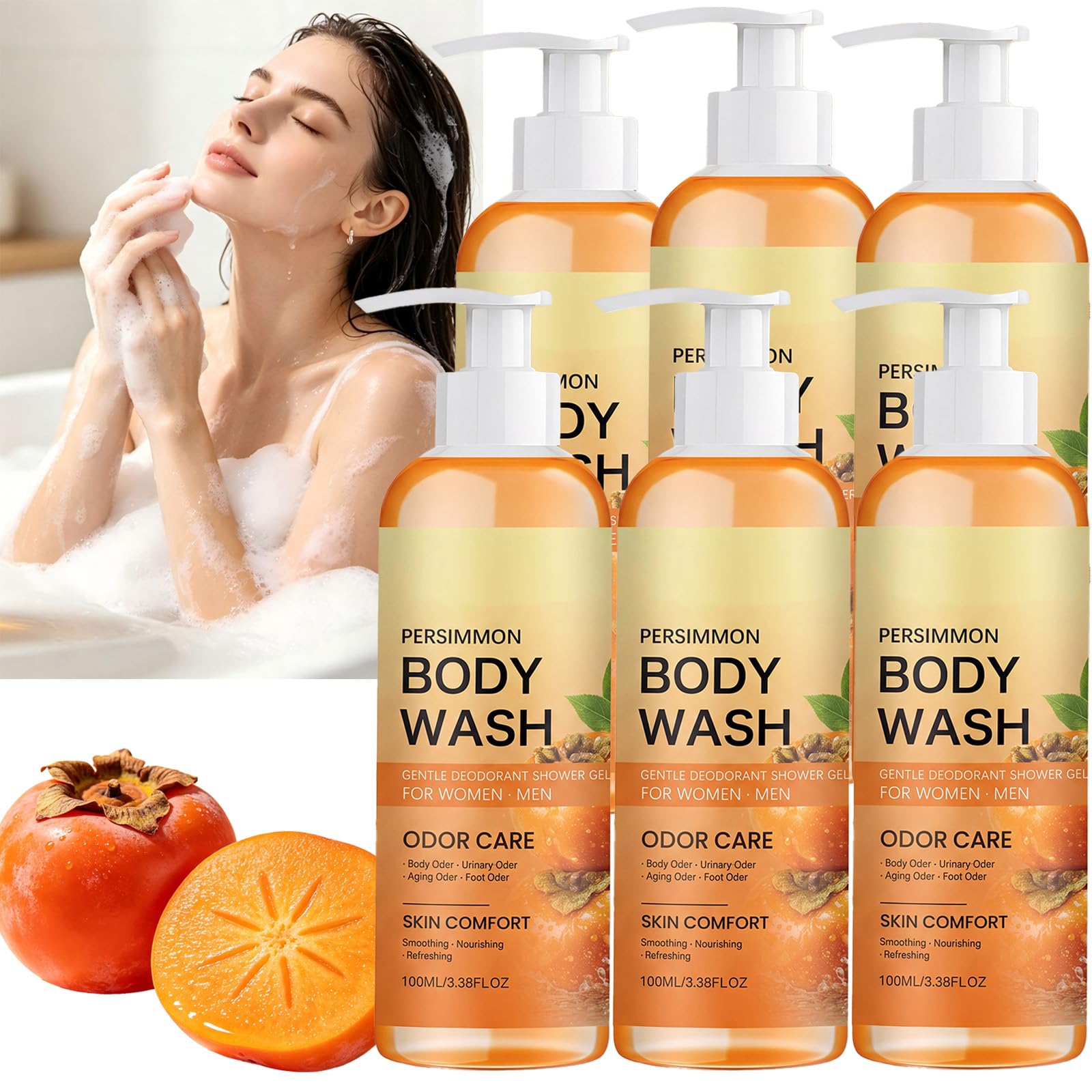 Persimmon Dezodorizing Body Wash For Daily Fresh, nawilżający żel pod prysznic do kontroli ciała, głębokie oczyszczanie, dezodoryzacja, smoothing Cleanser do usuwania zapachu Axle Aging (6 szt.)