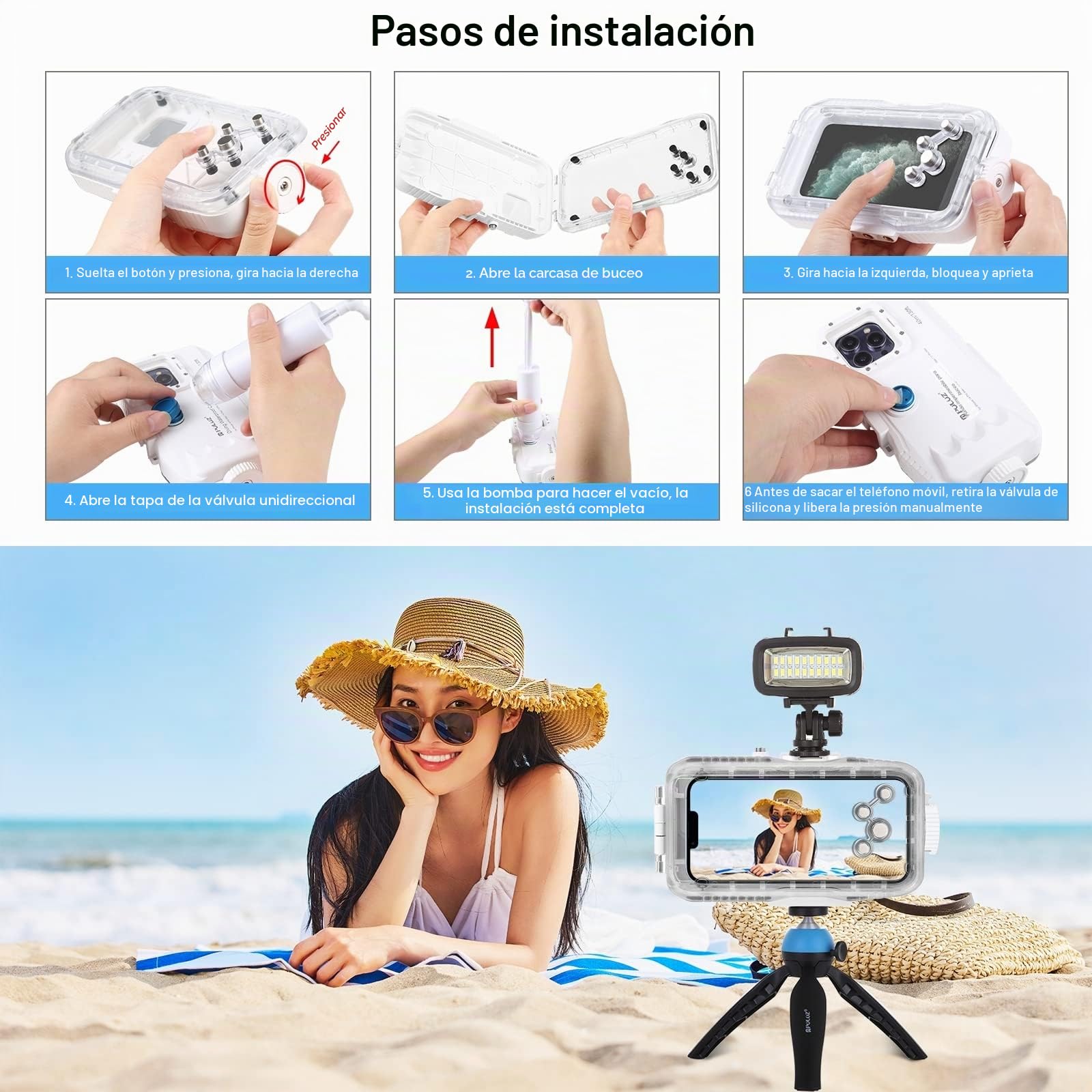 PULUZ Funda impermeable para iPhone 14/14 Pro/13/13 Pro/12/12 Pro, funda protectora de policarbonato y vidrio de 40 m/130 pies, funda de buceo impermeable para surf, esnórquel, flotante, color blanco