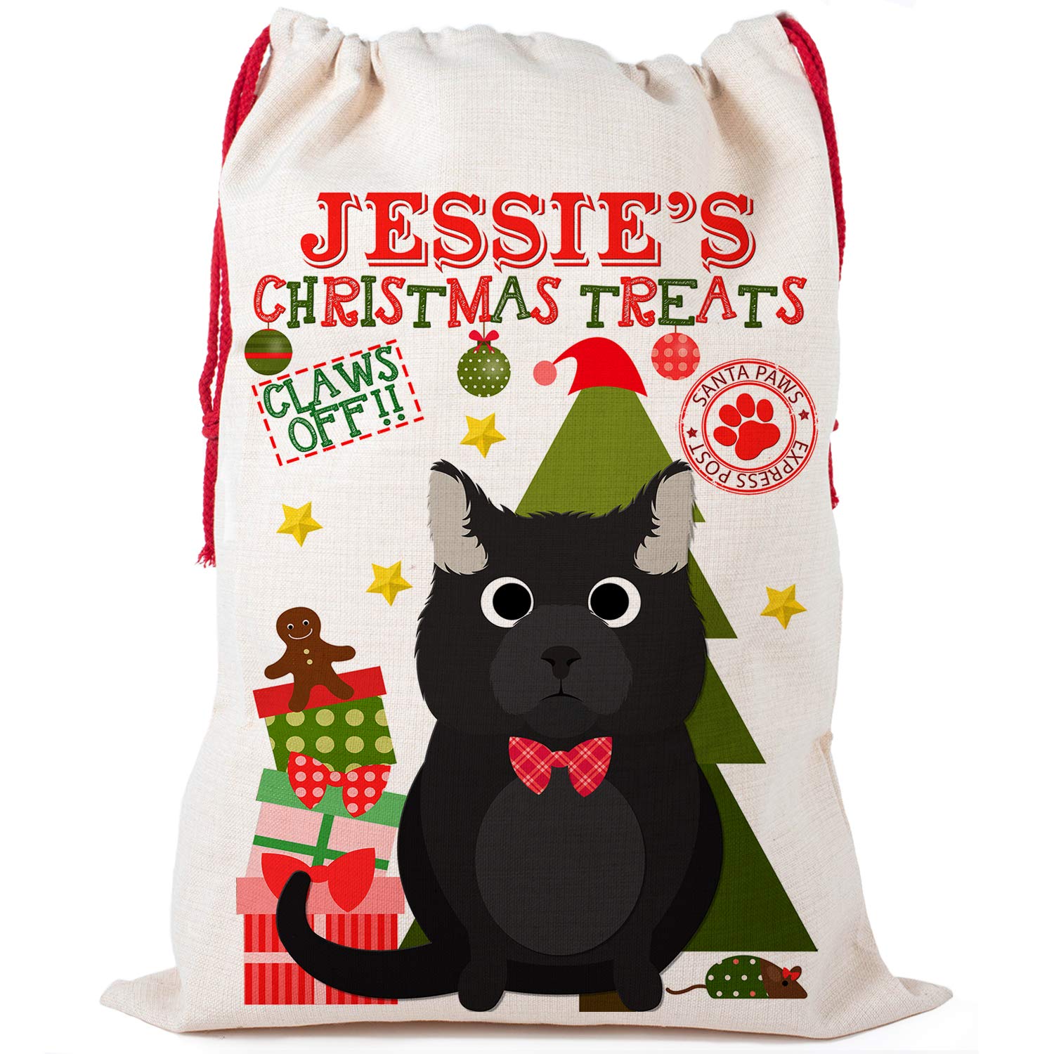 KRAFTYGIFTS Personalised Cat Christmas Sack Kitten Pet Santa Bag Treat Gift Stocking (Black Small CCS02)