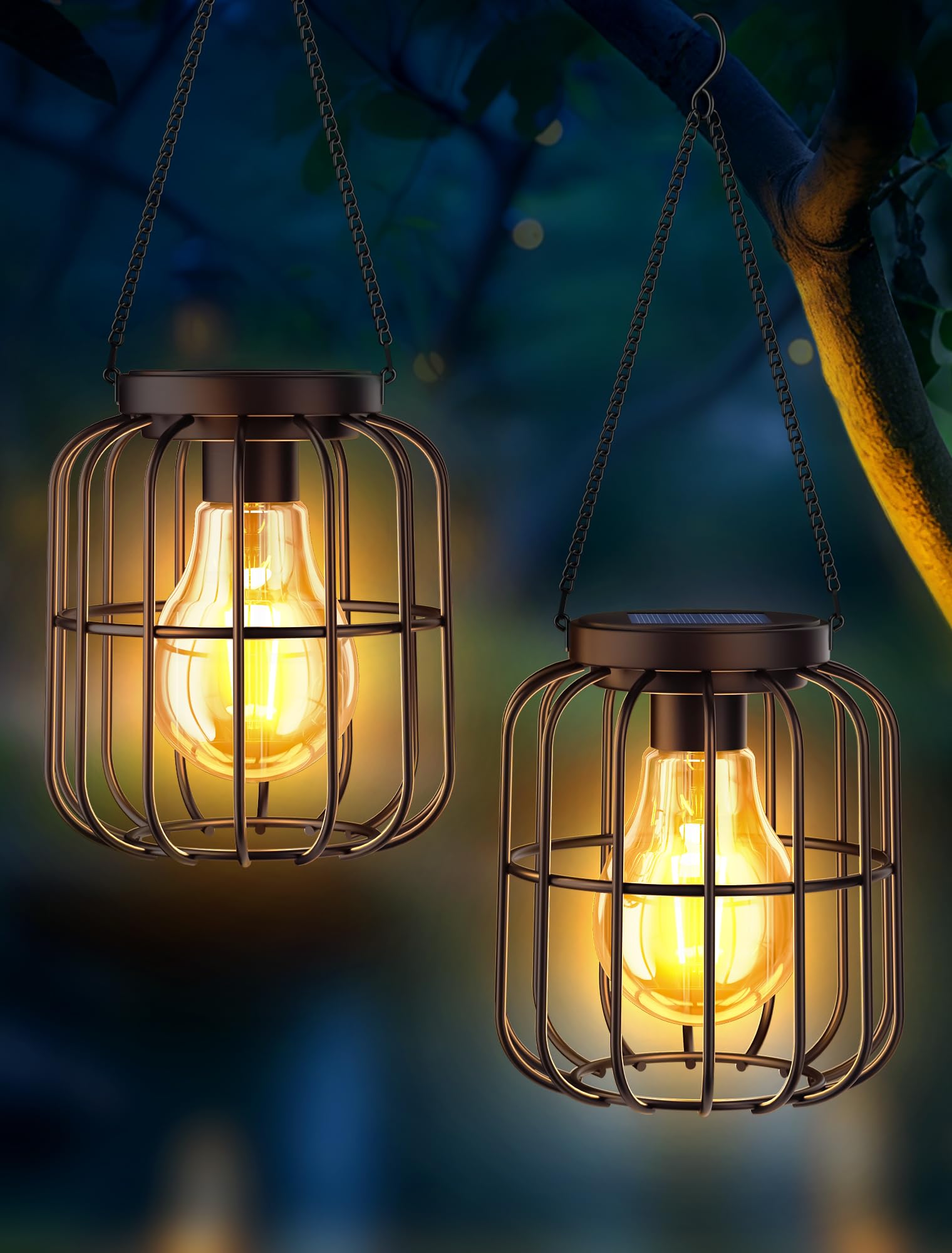 OUILA Solar Lights for Outdoor Hanging Pack of 2 Waterproof Metal Solar Lanterns for Outdoor Use Large LED Light Bulb Solar Lights Garden Decoration Balcony for Patio Lawn Yard