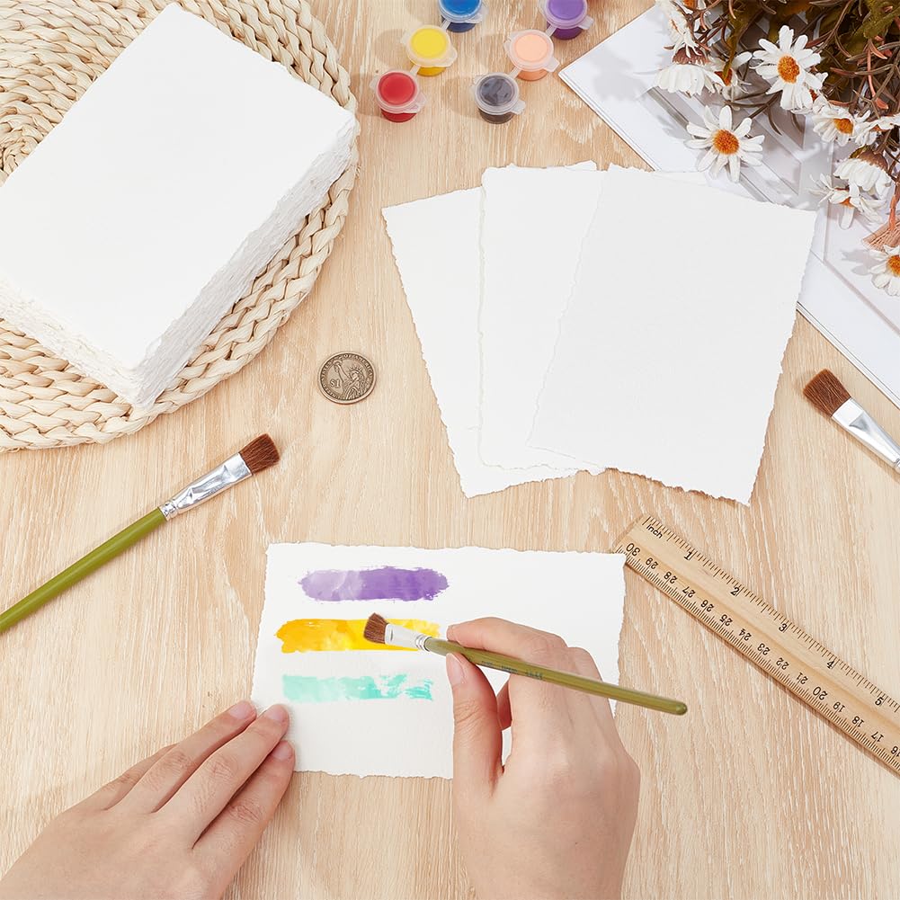 BENECREAT 100 Feuilles Papier Aquarelle Coton Fait Main 140g/m² - Papier Texturé Blanc à Bords Frangés 15,2x10,2cm Pressé à Froid pour Aquarelle Acrylique Esquisse Invitations Mariage Artisanat