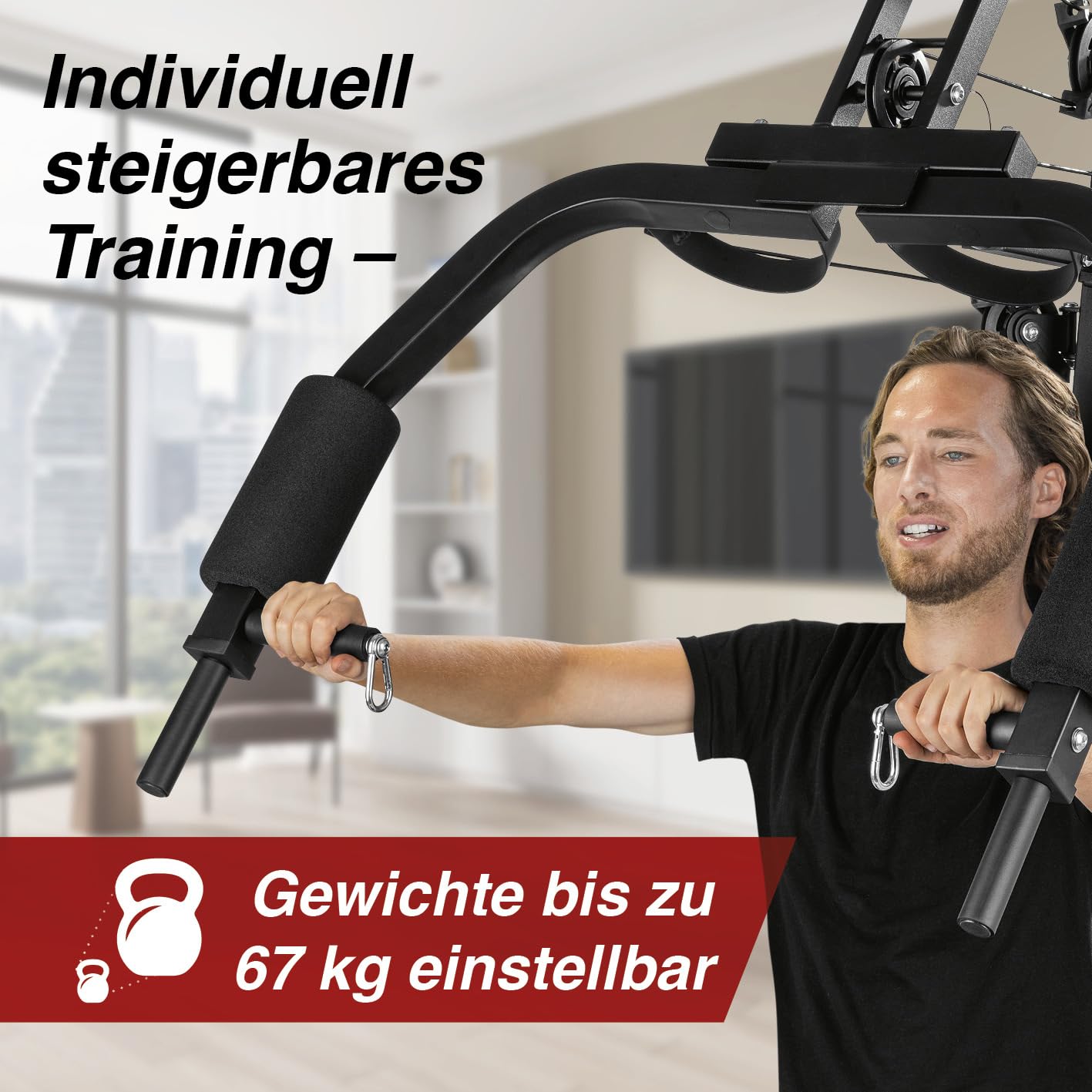 FitEngine Kraftstation | Multifunktions-Homegym für den ganzen Körper | Gewichte bis zu 67 kg einstellbar, mit Latzugstange, Beinpresse, Bizepscurl-Polster u.v.m. | Hochwertiges Stahlmaterial