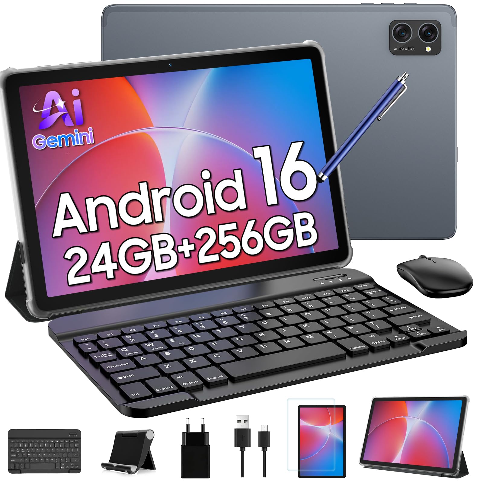 TABWEE Android 16 Tablet con Teclado y Lapiz, 24 GB RAM+ 256 GB ROM | Tablet para Trabajo y Estudiantes, Octa-Core, Gemini AI, Widevine L1, 10 Pulgadas, 8MP+5MP, Face ID, GPS (Garantía de 4 Años)