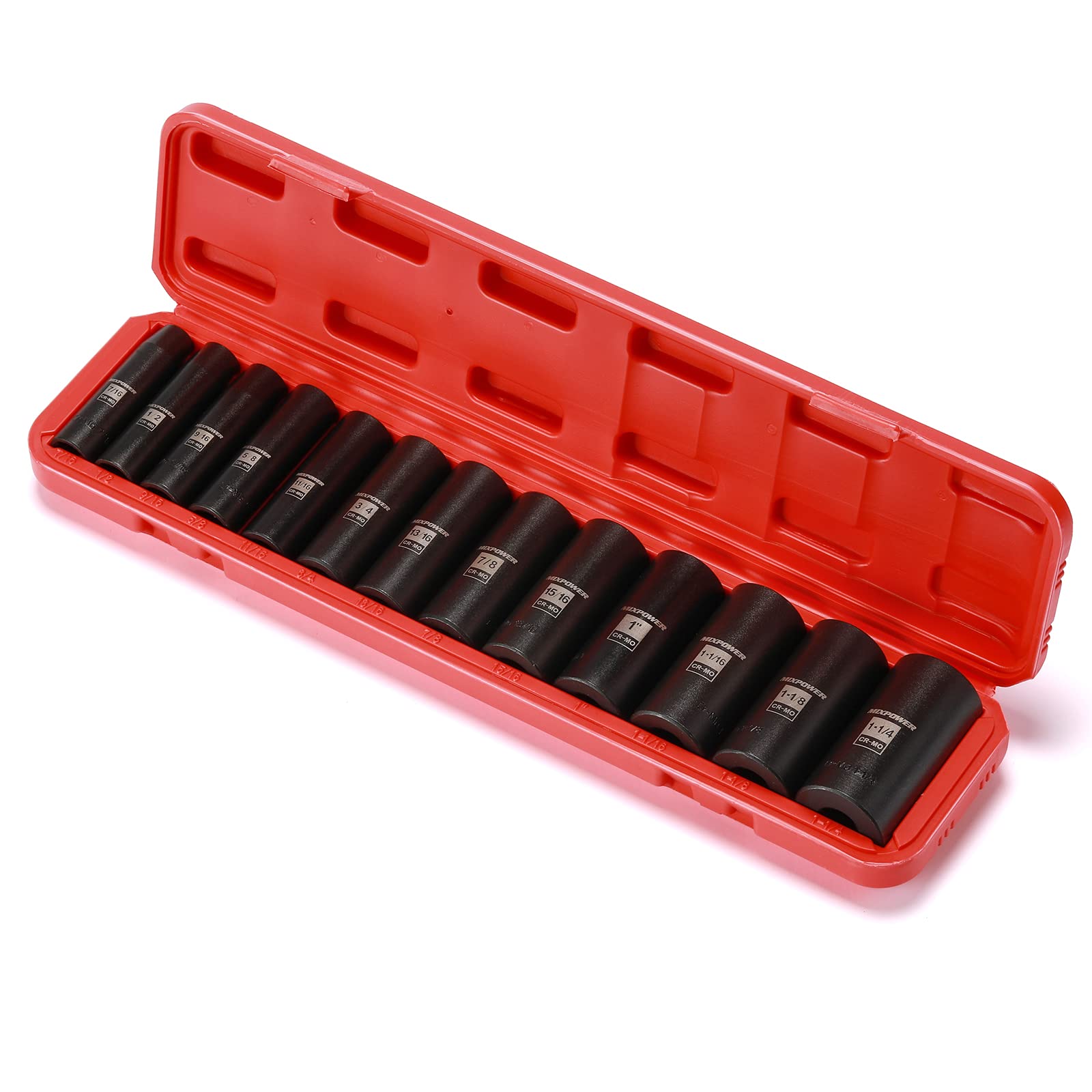 MIXPOWER Juego de 13 zócalos de impacto profundo de impulsión de 1/2 pulgadas, 7/16 "-1-1/4 ", acero Cr-Mo, SAE, 6 Piont, grado de impacto, caja de almacenamiento resistente