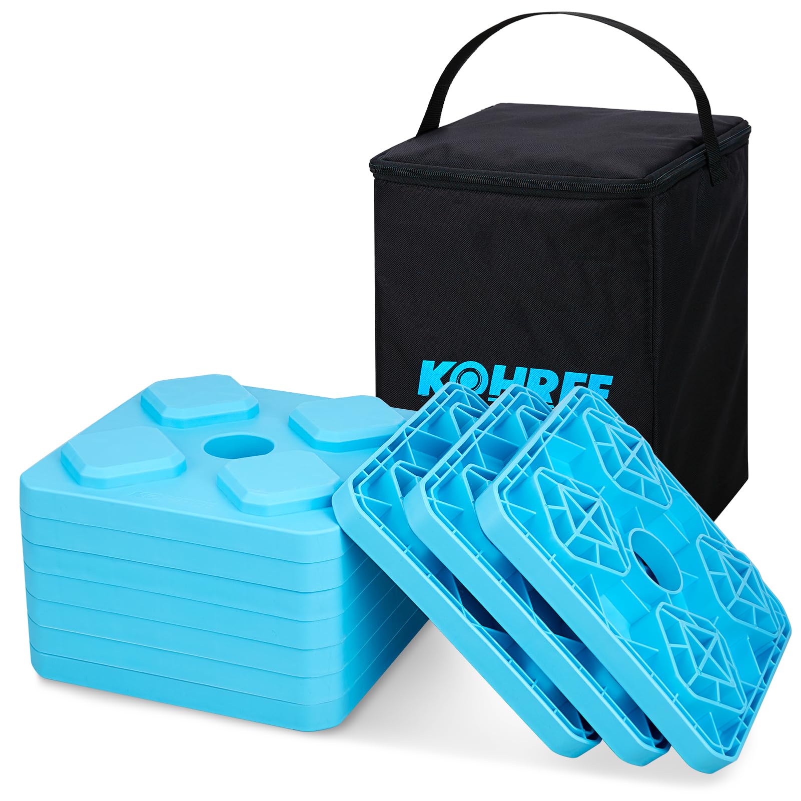 Photo 1 of Kohree Heavy Duty RV Leveling Blocks, 10 Pack Camper Leveling Blocks with Storage Bag, Interlocking Durable RV Blocks for Single and Dual Wheels, Stabilizer, Jack, Travel Trailer Accessories Blue - 10 Pack