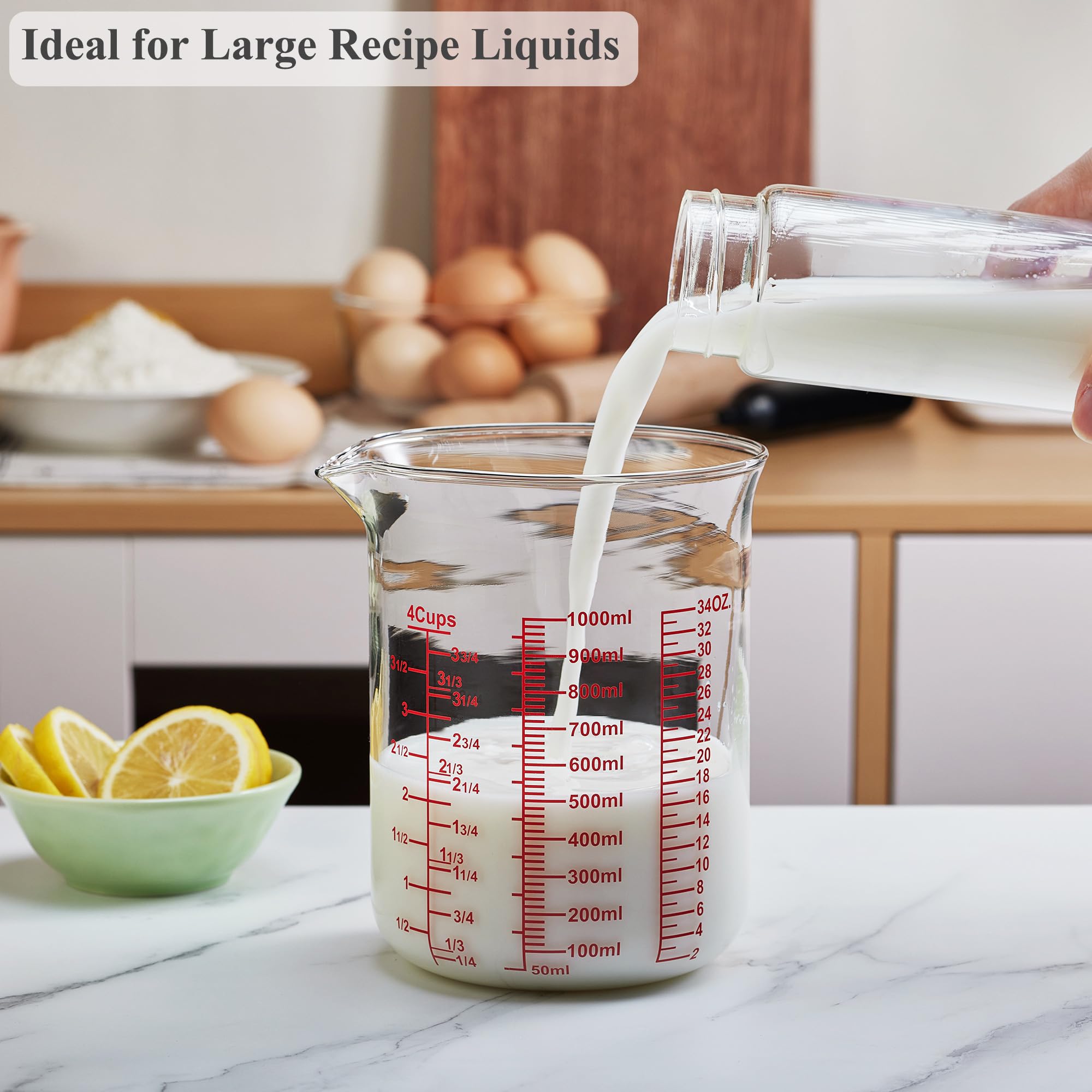 Vaso medidor de vidrio de borosilicato alto, boquilla en forma de V, vaso medidor de vidrio para cocina o restaurante, fácil de leer, 1000 ml (32 onzas, 4 tazas)