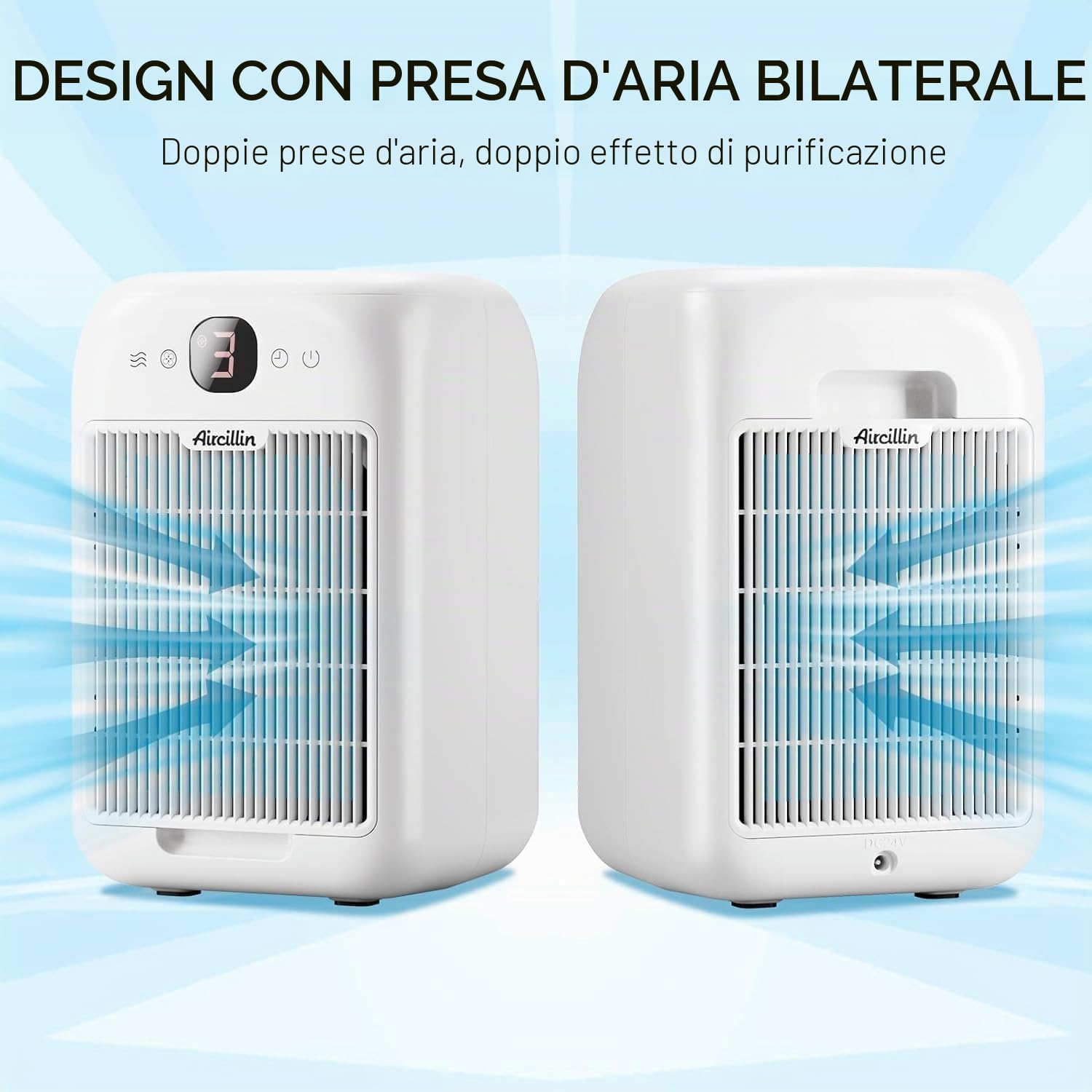 Aircillin Purificatore d'Aria con Filtro HEPA, Purificatore Aria per Allergie, Ingresso aria su due lati rimuove il 99,97% di Polvere Polline e odori di animali domestici, Spugna Aromatica, 25db,Timer