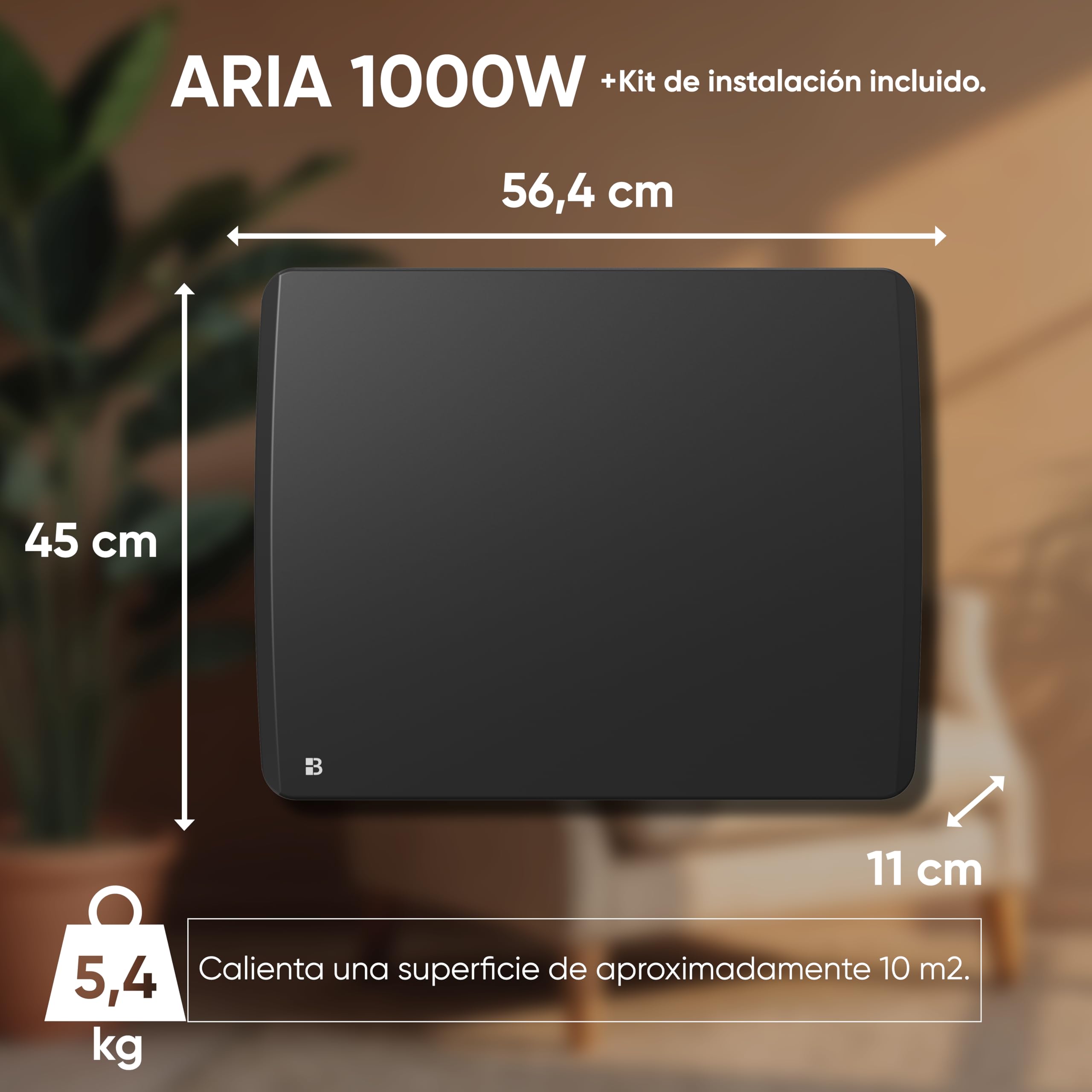 BESTHERM - Radiador eléctrico fijo de inercia seco cerámico 1000 W Bestherm ARIA horizontal negro