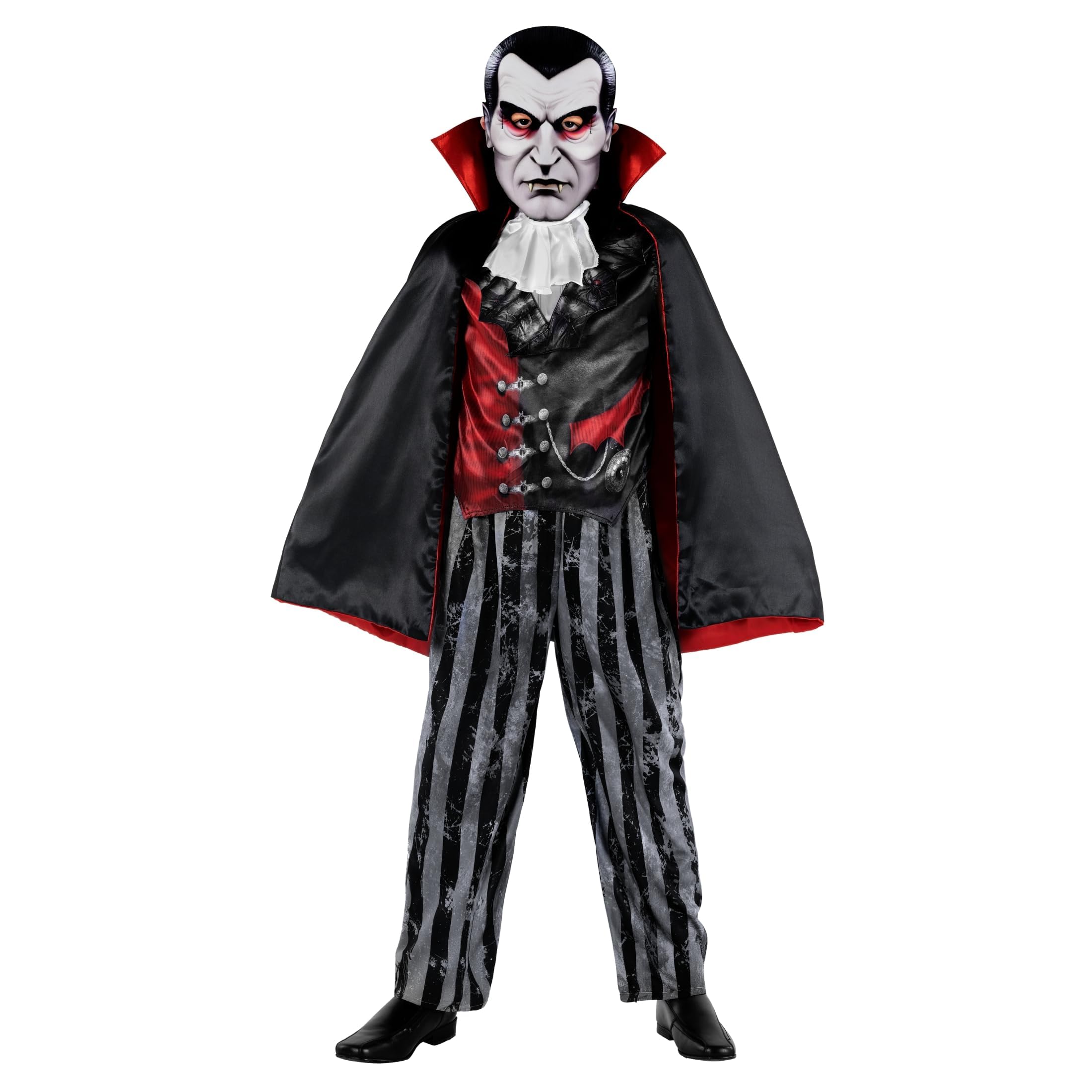 Morph Costume Dracula Bambino, Vampiro Halloween Bambino | Gilet Vintage, Pantaloni a Righe, Mantello & Maschera, Design Vampiro, Perfetto per Halloween, Ideale per il Gioco di Ruolo