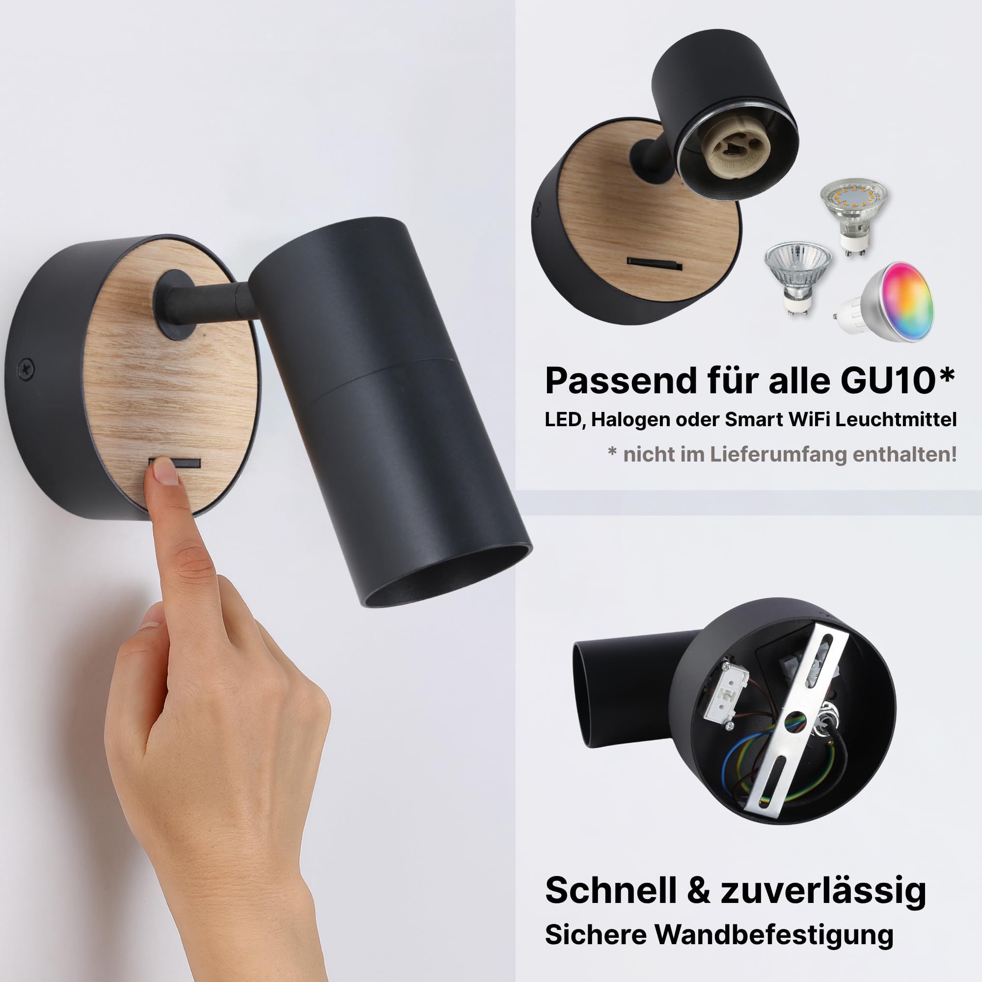 2er Set verstellbare schwarze Aluminium-Wandlampen mit Holz GU10 Wandspot Leselampen mit Schalter Innen ohne Leuchtmittel