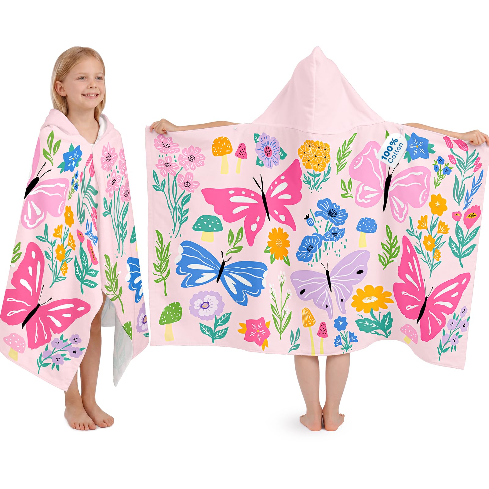 Kids Hooded Beach Towel, 100% Cotton Super Soft and Absorbent Bath Towel, 50" x 30" Large Size with 2 Snap Buttons for Ages 3-10, Cozy Cover Up for Pool, Beach, and Bath Time (Butterfly Garden)