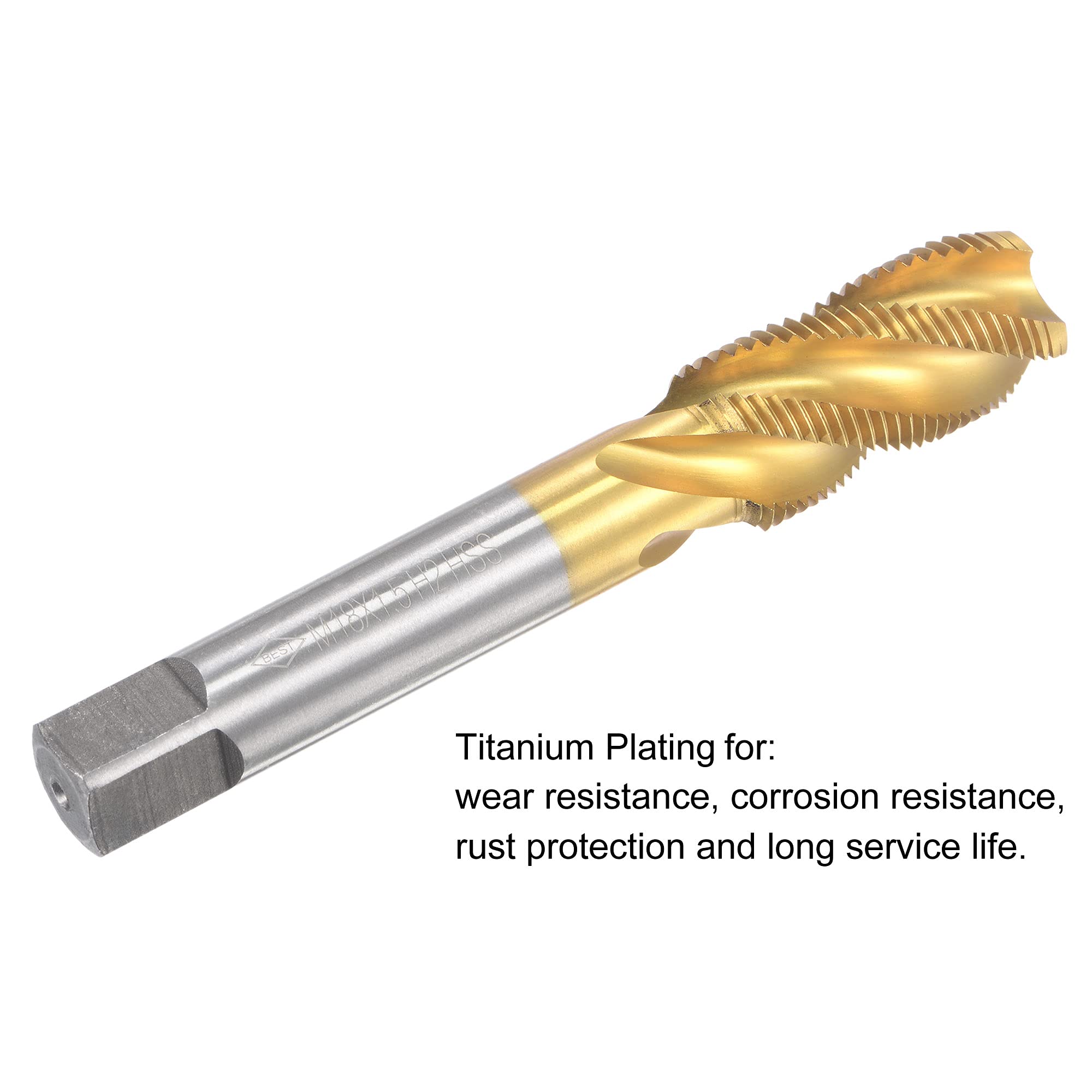 sourcing map Spirale Cannelure Fil Taraud M18 x 1.5 Metric HSS Haute Vitesse Acier Titane Plaqué Machine Fil Vis Taraud 4 Cannelures Tapotement Outil H2 Tolérance