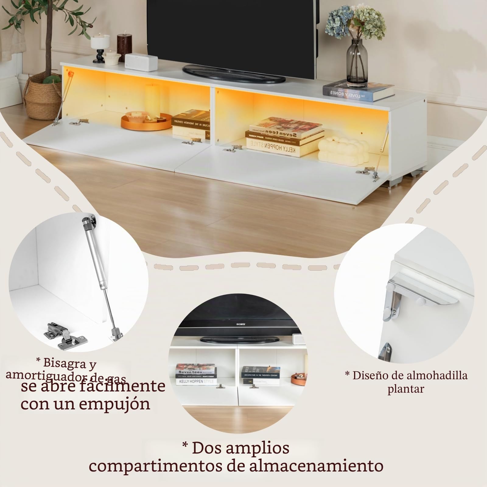 Mueble de TV Moderno Con Iluminación LED, Colgante o de Pie, 180 cm de Longitud, Madera Blanca Con Almacenamiento, Para Pared o Suspendido