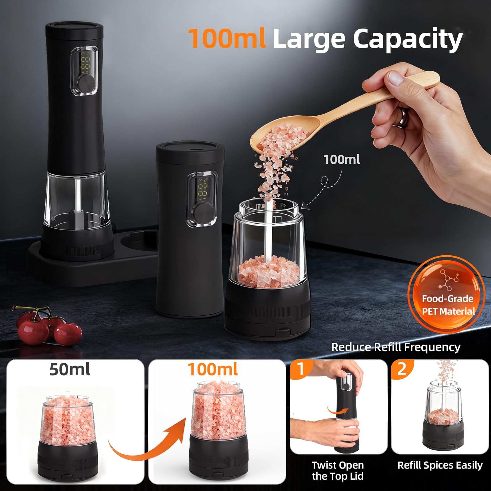 Juego de molinillos eléctricos de sal y pimienta, paquete de 2 molinillos de pimienta automáticos recargables con grosor ajustable de 5 niveles, pantalla, iluminación LED, gran capacidad, regalos de