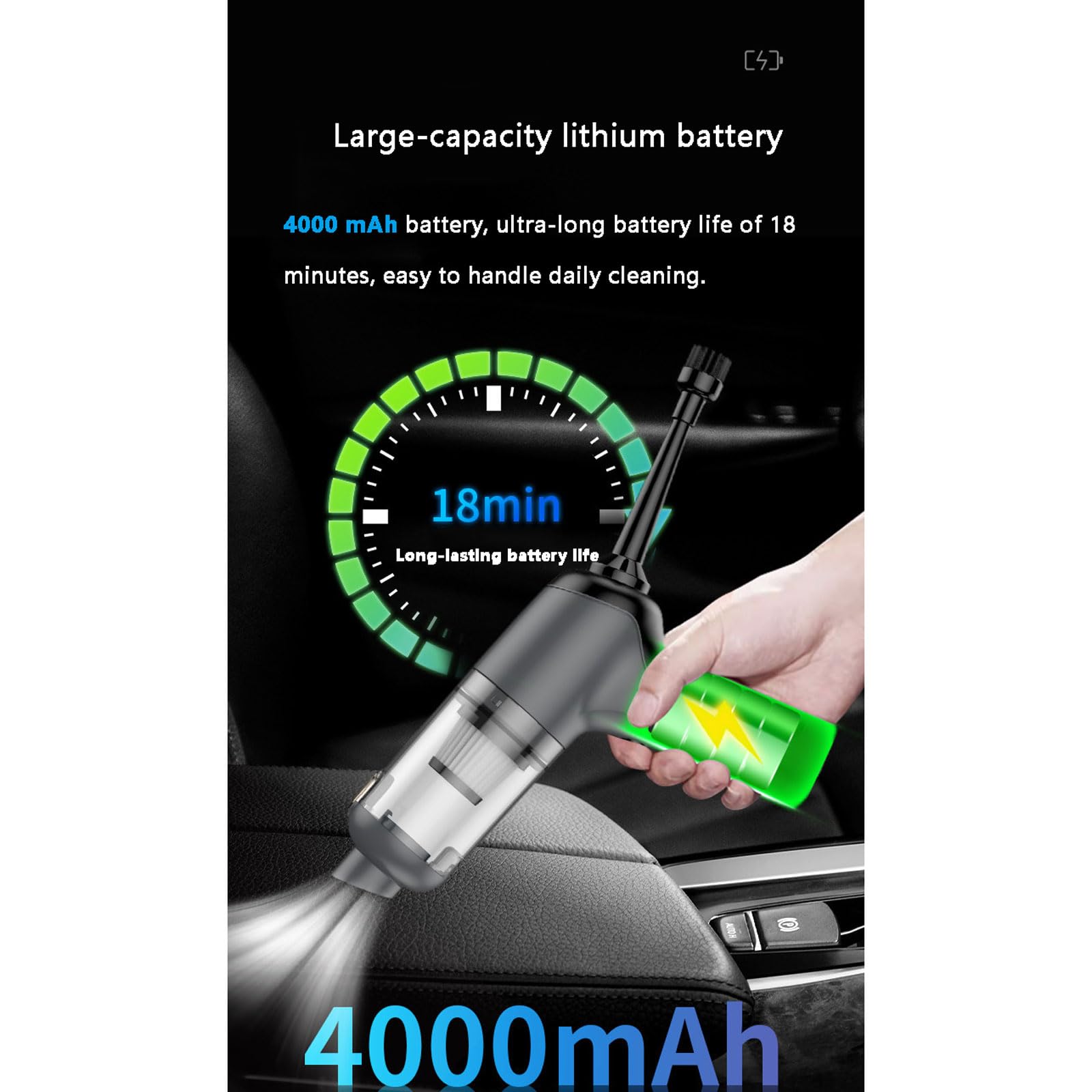 Aspirador de Mano. Aspiradora de Coche Recargable Alta Potencia 6000 Pa, Potente succión ciclónica, miniaspiradora Mano inalámbrica 4 en 1(Black)