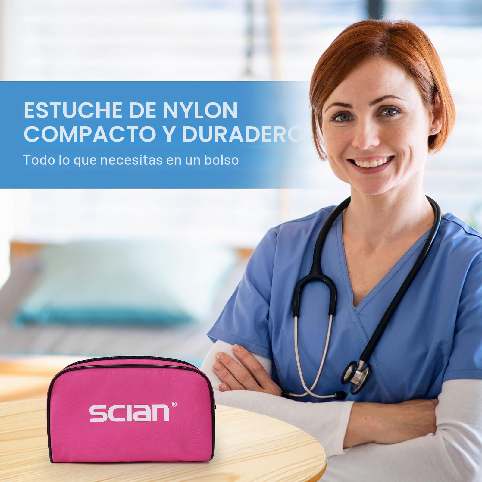 Tensiómetro manual SCIAN - esfigmomanómetro aneroide con manguito europeo (22-42 cm) y anillo en D, incluye estuche de transporte para enfermeras, médicos, personas mayores, adultos （rosa）