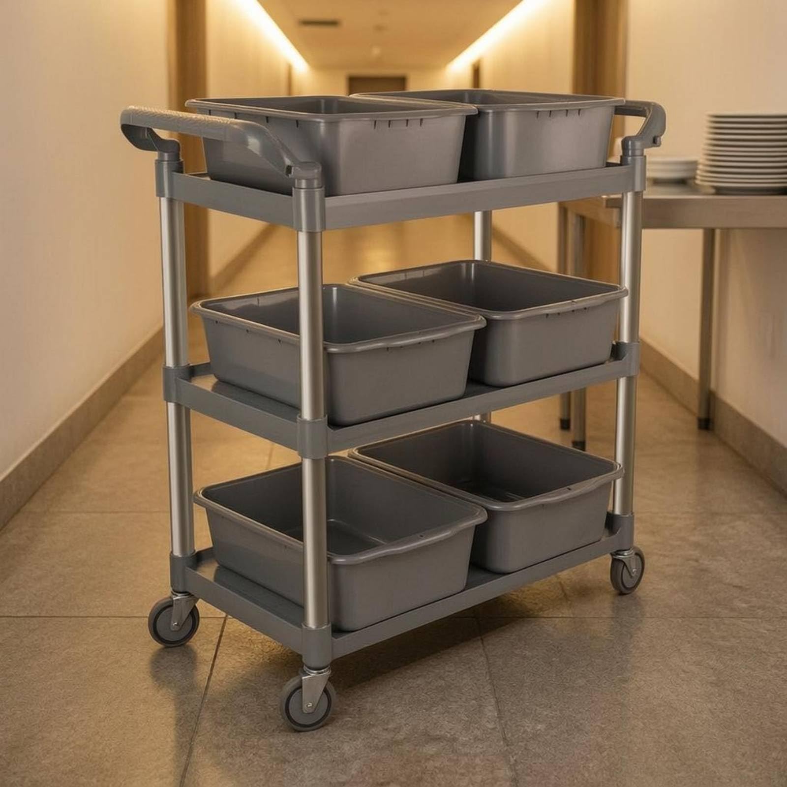 Qianly Carro Camarero Triple Niveles Bandejas Poco Profundas Carro Servicio con Ruedas Gran Capacidad Mueble Rodante para, Negro, Grande, Tres Cubetas, Dos Cubos, Ruedas Silenciosas