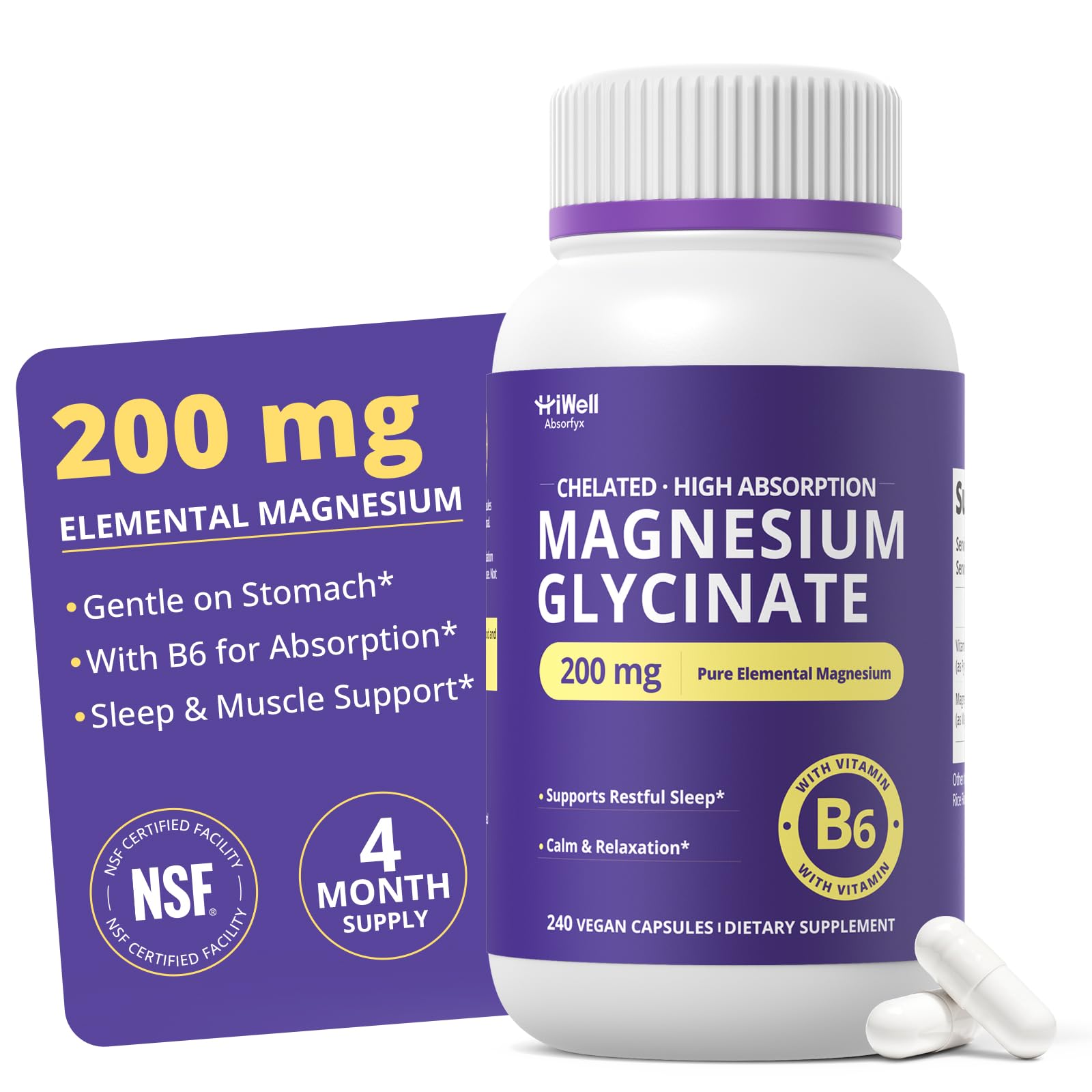 Magnesium Glycinate 200 mg with Vitamin B6, 4-Month Supply