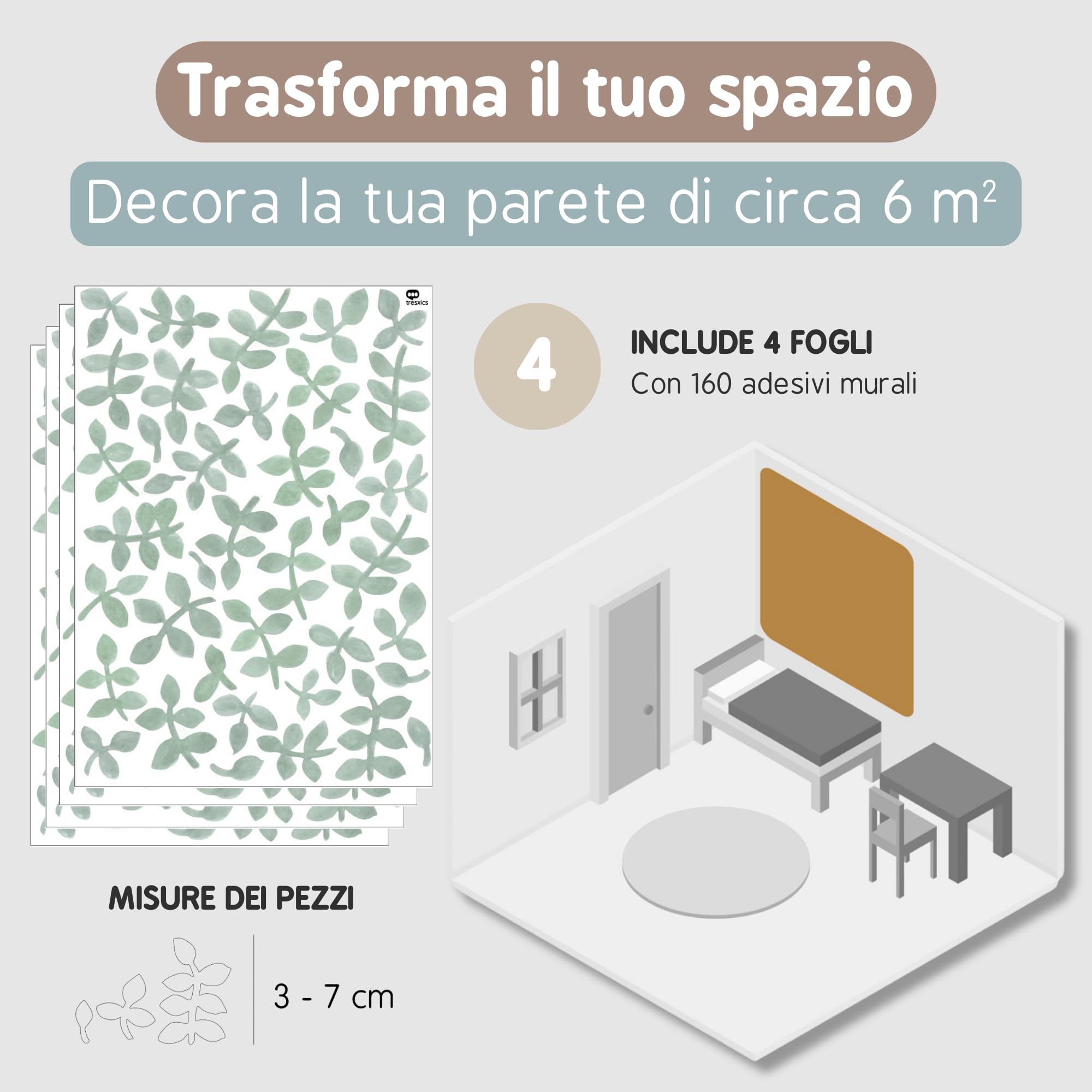 Adesivi Murali Bambini | Adesivi Cameretta Bambino Bimba Foglie Acquerello | Effetto Carta da Parati Adesiva | Copre 6 m² | 160 pezzi | TRESXICS (Verde)