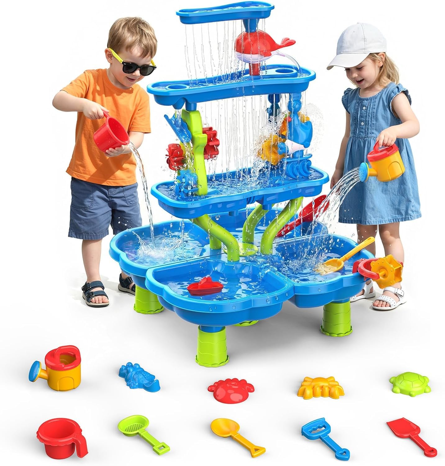 DUDUPIE Water Table for Toddlers 3-5, 4-Tier Sand and Water Table, Kids Sensory Play Table with Waterfall Activity Toys for Backyard Beach Summer Outdoor Play