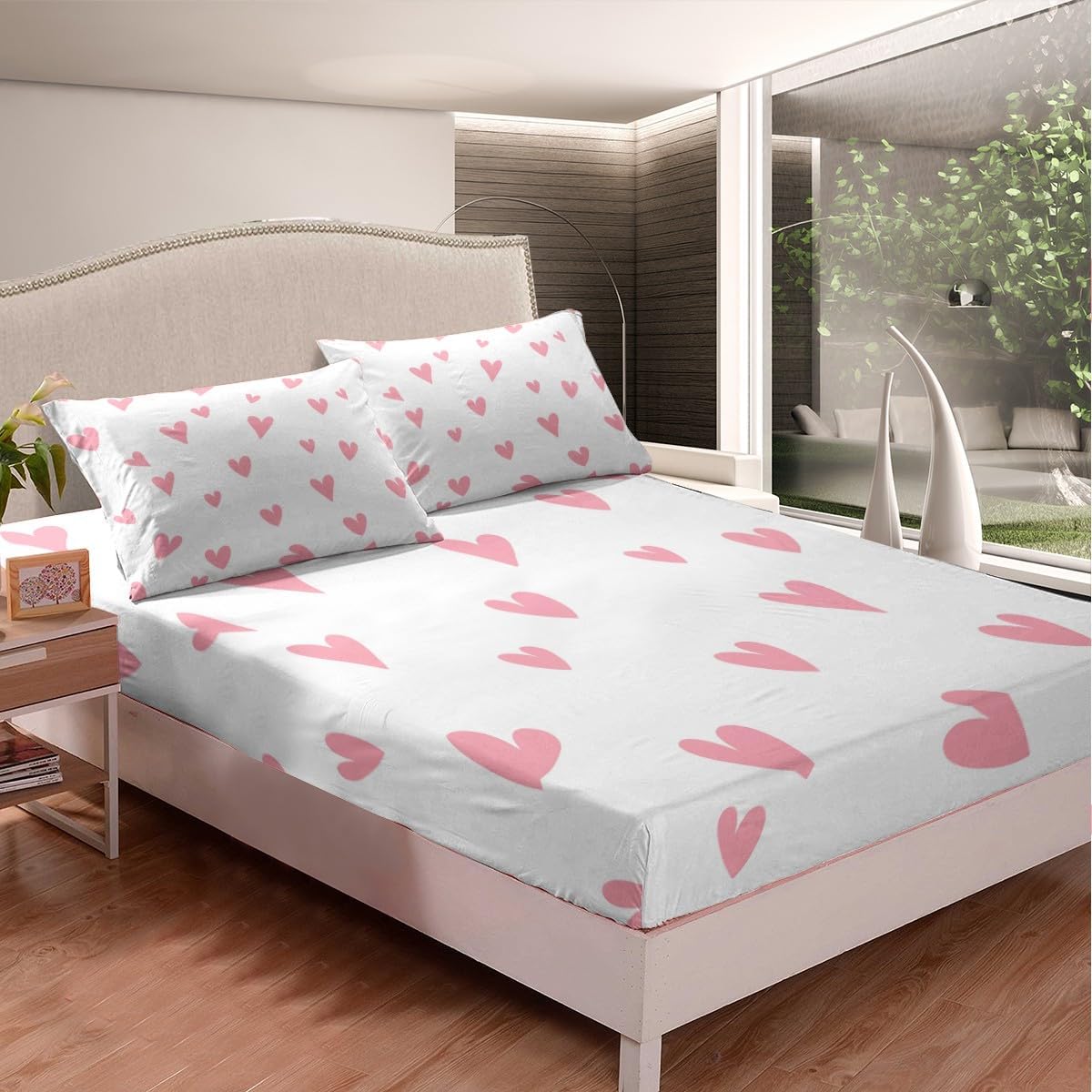 Girls Cute Love Heart Sheet Set Kids Lovely Warm Sweet Sheets with Deep Pocket Fitted Sheet Love Heart Pattern Bed Sheets Set Breathable Valentine's Day Pink Bedding Set Room Decor Quilt Cover Queen