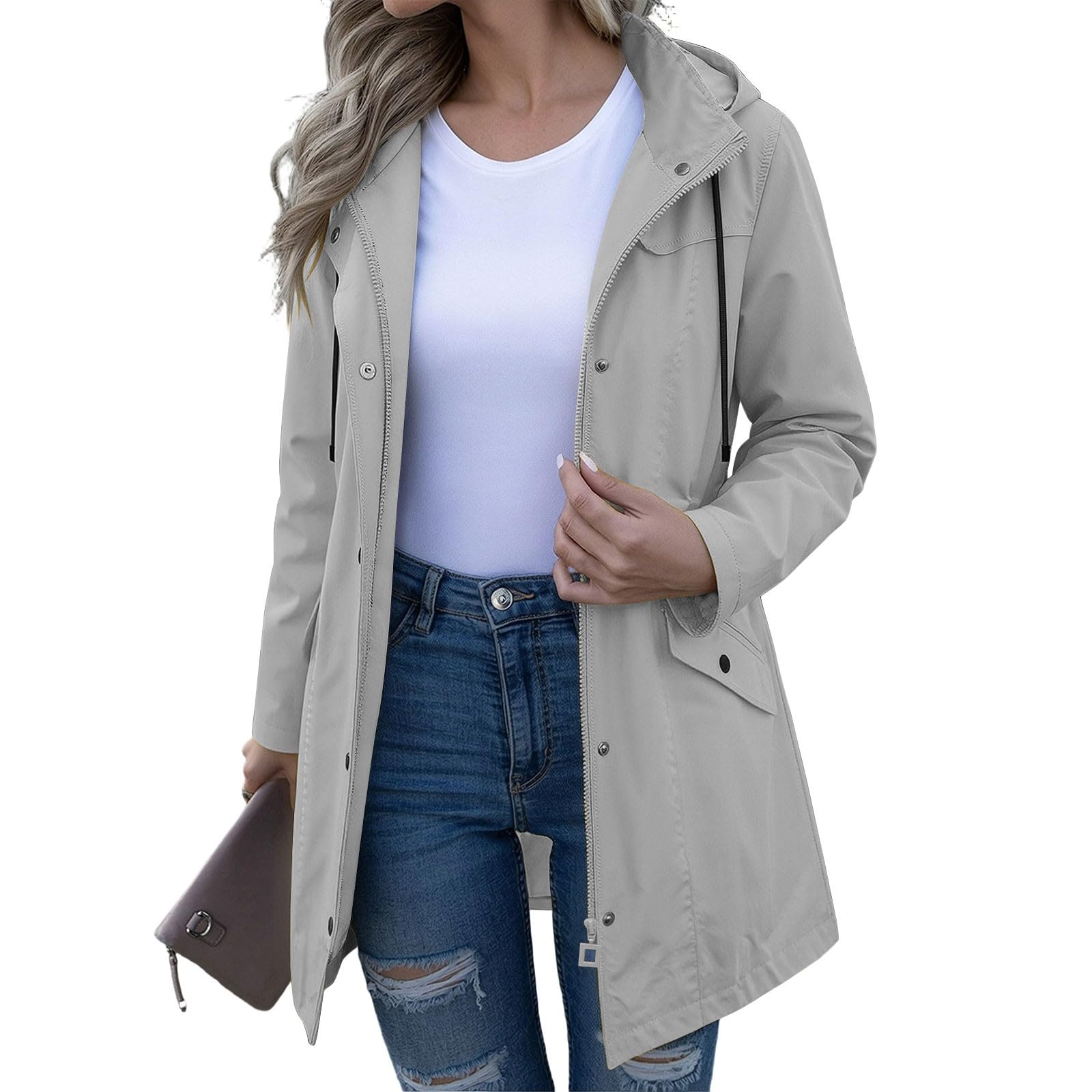 Regenjacke Damen Lang Wasserdichte Atmungsaktive Kapuzenjacke Outdoor Windjacke Knopf Reißverschluss 2 in 1 Wanderjacke Herbst Jacke Übergangsjacke Moderne Freizeitjacke Einfarbige Mantel mit Kapuzen