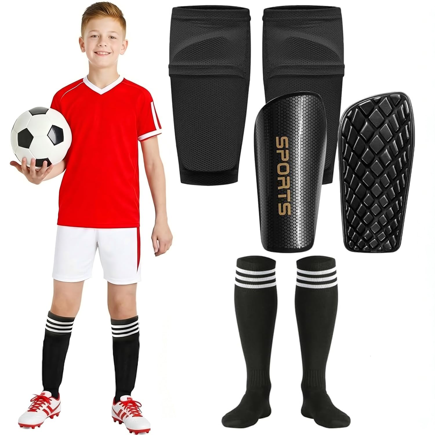 Soccer Shin Guards for 3-16 Years Old Children Boys Girls, Kids Toddler Youth Shin Pads, Mini Protective Soccer Shin Pads with Sleeves and Long Soccer Socks (Black, L (for kids, 9-12 years))