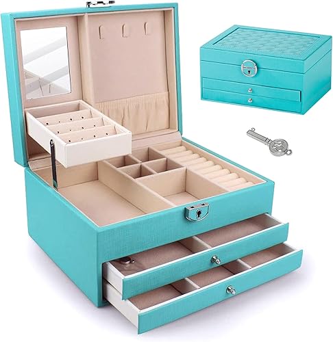 Joyero para niñas de 8 a 12 años joyero y organizador verde con espejo caja organizadora de joyas grande de 3 capas con cerradura caja de joyería de