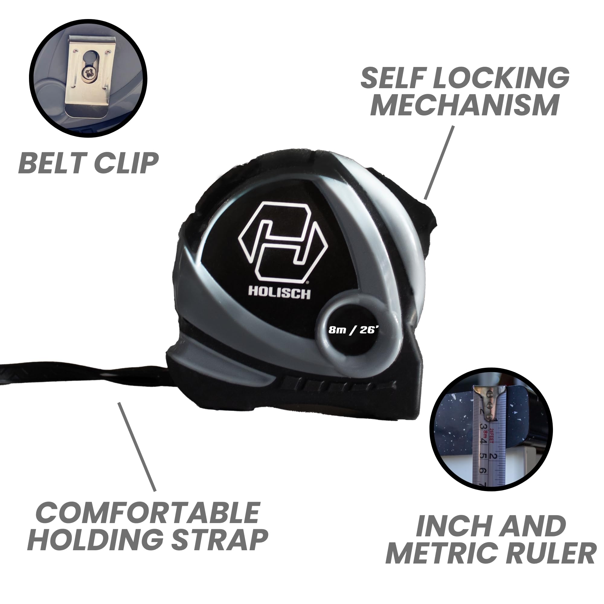 8m Tape Measure, Heavy Duty Nylon Coated Measuring Tape Imperial & Metric 8m Tape with Metal Belt Clip - Image 2