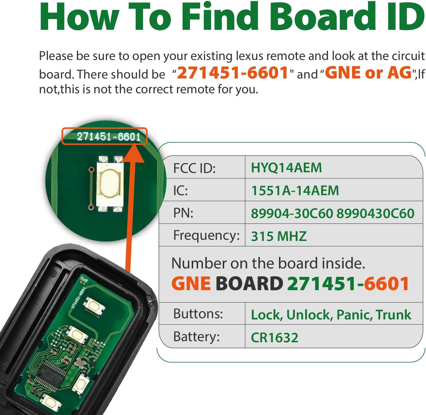 Replacement for 2011 2012 2013 2014 Smart Proximity Lexus ES350 ISC ISF IS250 IS350 GNE 271451-6601 Board Key Fob HYQ14AEM 315MHz 4 Buttons
