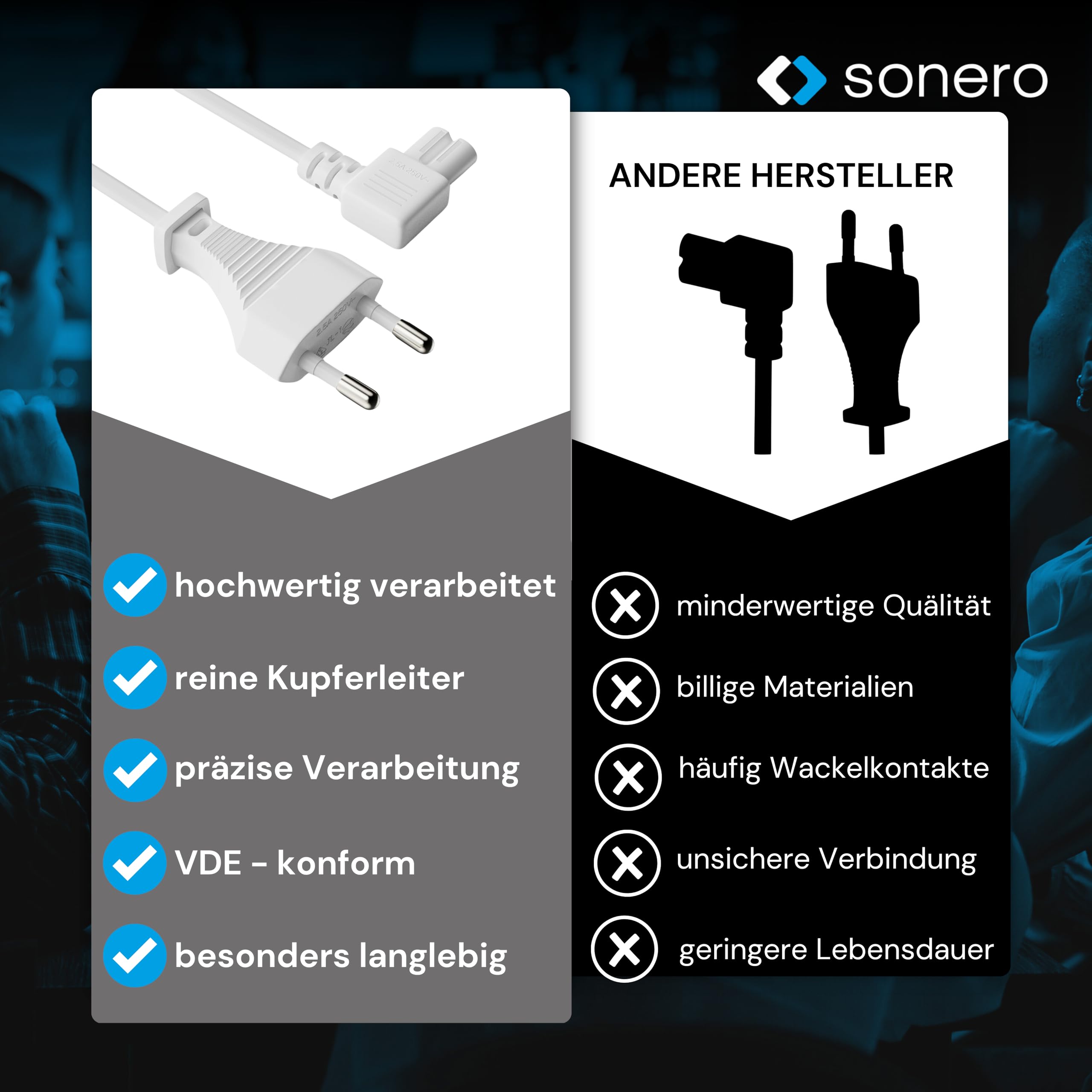 sonero Kabel zasilający, 2-biegunowy, 2 m, wtyczka euro typu C, wtyczka sieciowa do gniazda IEC C7 Euro 8, kąt 90°, zasilacz sieciowy do telewizora, PS5, PS4, PS3, urządzeń gospodarstwa domowego,