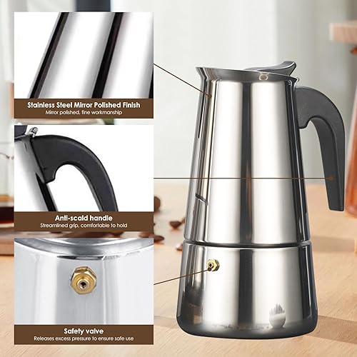 Miniatura 3 de Cafetera de café expreso para estufa, 3.4 fl oz, 2 tazas, cafetera italiana de acero inoxidable para cocinas de inducción