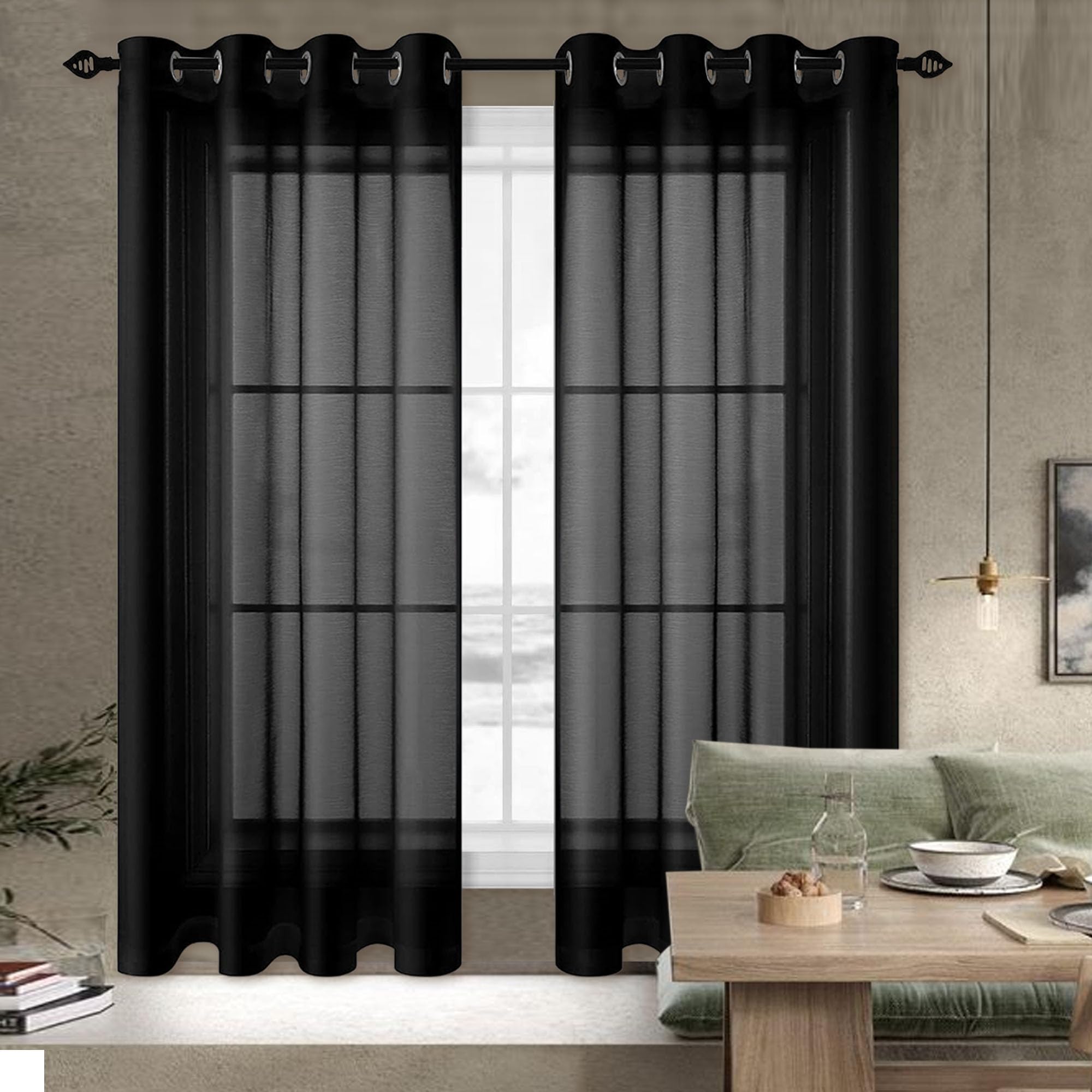 TAOLITAO Sheer Curtainsc 240 x 210 cm Light Filtering Short Voile Curtains Solid Color for Living Room Kitcken Bedroom, Black