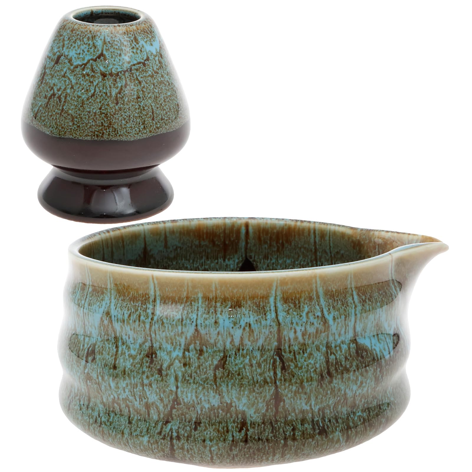 ZJRDYYK Ceramic Matcha Bowl and Whisk Holder, 18 OZ Matcha Bowl with Spout, Matcha Chasen Holder, Matcha Bowls Set (Kiln-Changed Blue)