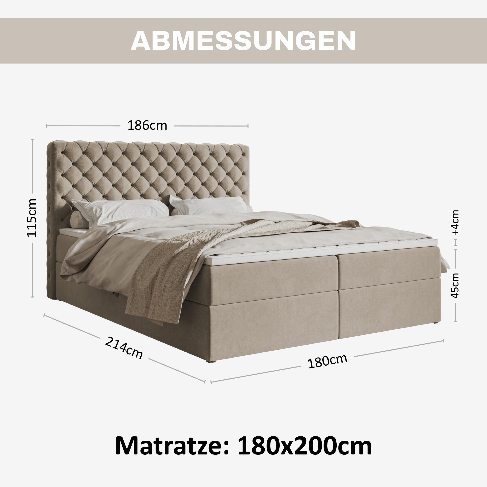 MOTIVENA Nero Chesterfield Boxspringbett 180x200 mit Bettkasten und Topper, Polsterbett 180x200 mit Bettkasten, Taschenfederkern-Matratze (H3), T28 Schaumstoff Topper (H3), Samt, Beige