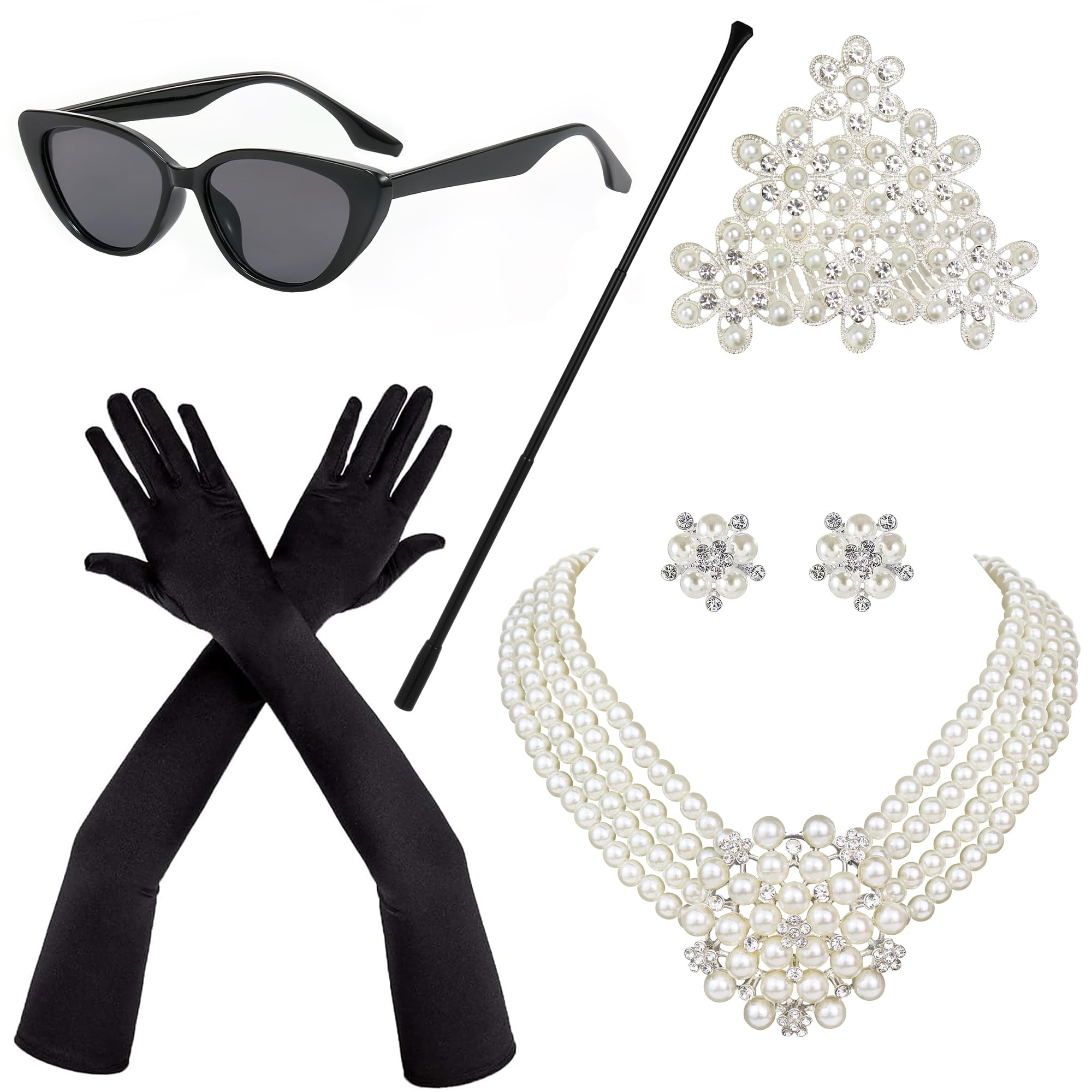 Horolam 6 accesorios de los años 20, accesorios retro de los años 20 para mujer, collar de perlas, aretes, soporte para cigarrillos, guantes, gafas de sol
