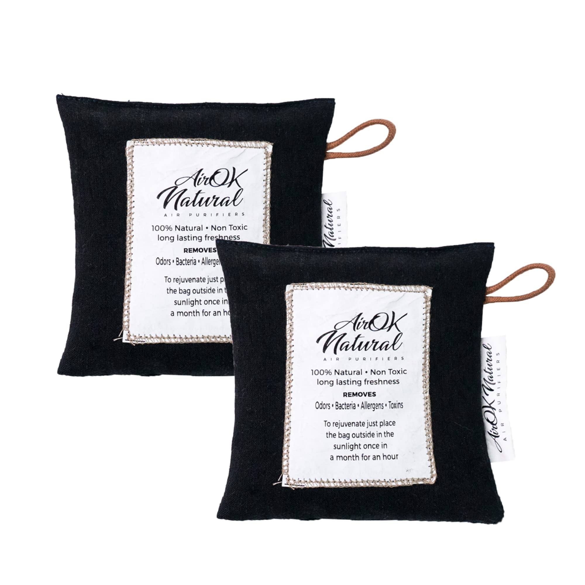 AirOK Natural Non Electric Air Purifying Bag, Recyclable, Safe and Non- Toxic, 100% Activated Charcoal Air Freshener Bag for Bathrooms, Cars and Wardrobes - Odor Absorber 200 Gram (Black) Pack-2