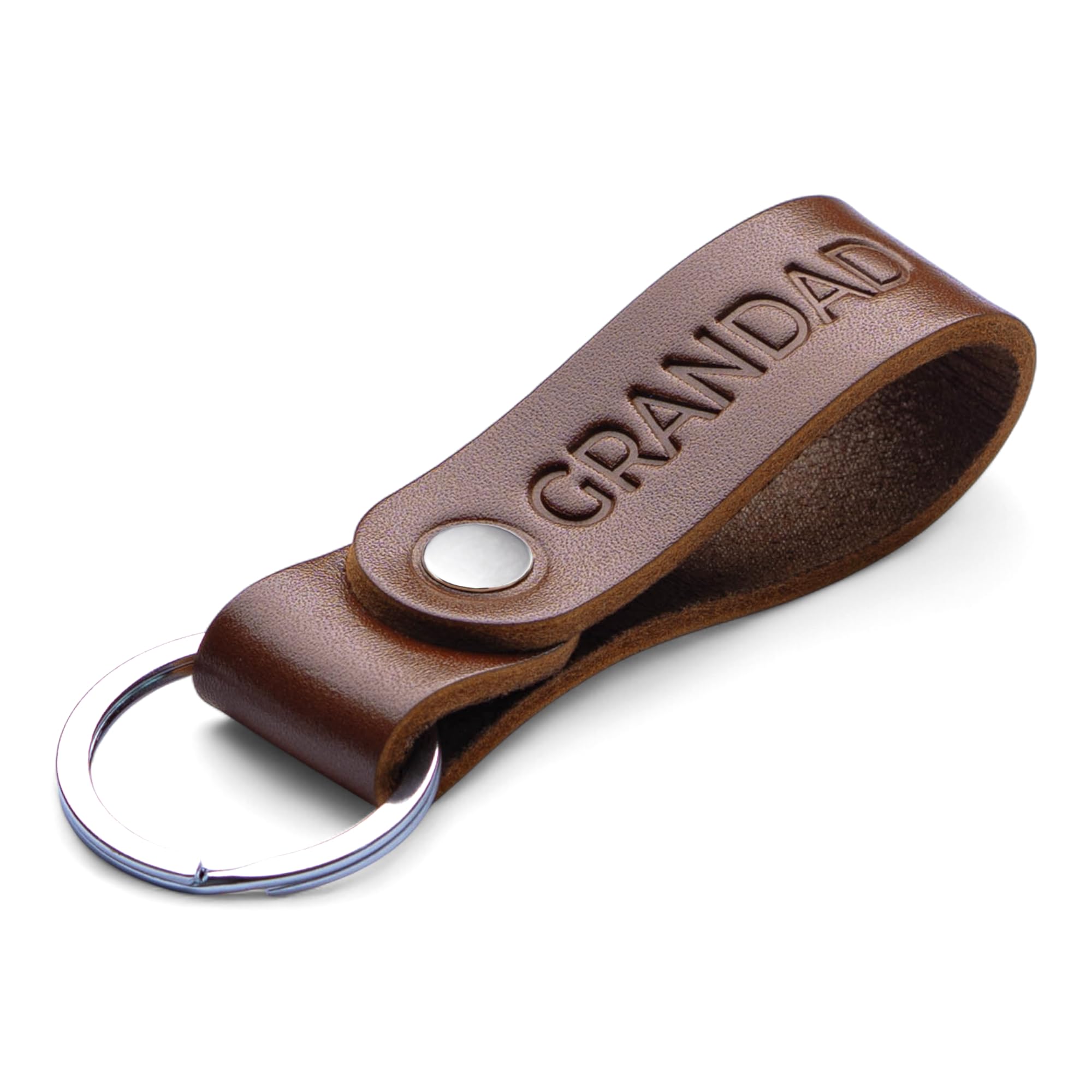 MAGOR Handmade Full Grain Leather Keyring Personalised Keychain for Men Women Car Keys Gift for Him Her Dad Husband Premium Hot Embossed Brown Leather Loop in Gift Box (GRANDAD)
