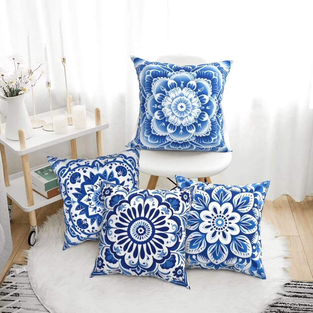 Kissenbezug 50x50 4er Set Leinen Kissenbezüge Boho Dekorative Sofakissen Zierkissen Blau Couchkissen Outdoor Kissen Zierkissenbezüge Deko Kissen für Sofa Schlafzimmer Wohnzimmer Balkon -LI258