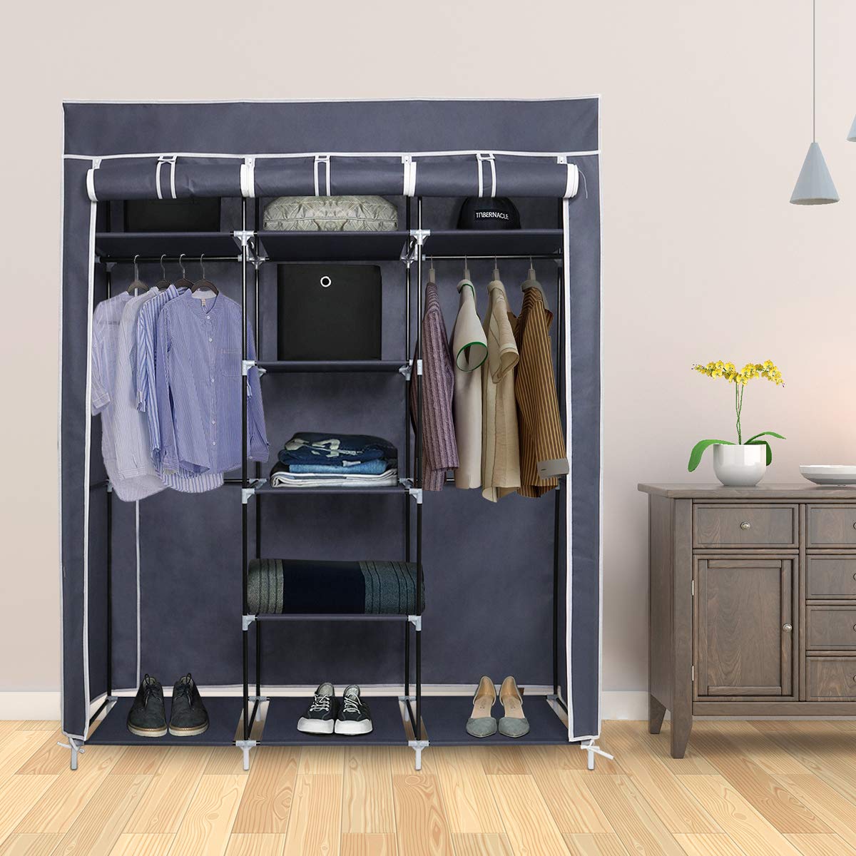 Mondeer Stoffschrank für Schlafzimmer, Kleiderschrank, zusammenklappbar, mit sechs Reißverschlüssen und DREI Türen, schneller Zugriff, 175 x 150 x 45 cm, großes Stauraum, Grau